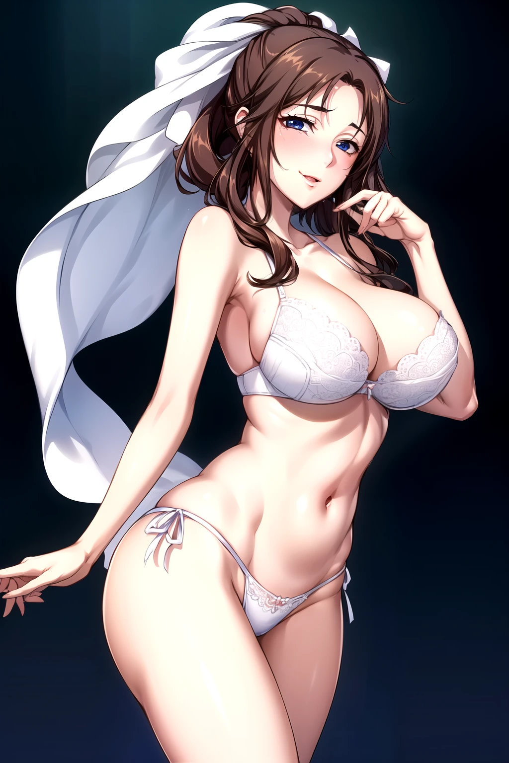 silky skin, Complete hand, brown hair, ponytail, blue eyes, medium hair, white hair bow, ,bride, Wedding veil,Wedding dress,white bra, lingerie, lace, underwear, Uniform body, whole body, whole body图片,cleveage,clavicle, 1 girl, 25 years old,Young women,beautiful Finger,beautiful long legs,beautiful body,beautiful Nose,beautiful character design, perfect Eye, perfect Face,expressive Eye,Perfect balance, looking at the audience,(Focus on her Face),shut up, (Innocent_大Target_Eye:1.0),Light_Smile, Official Art,Very detailed CG unity 8k wallpaper, Perfect lighting,rich and colorful, bright_front_Face_Lighting,有Light澤的皮膚, (masterpiece:1.0),(the best_quality:1.0), Ultra-high resolution,4k,Very detailed, photography, 8K, HDR, high resolution, absurd:1.2, Kodak Portrait 400, Film Grain, Blurred background, Bokeh:1.2, 镜头Light晕, (Energetic_color:1.2),Professional photographer, (beautiful,Target_Chest:1.3), (beautiful_Face:1.5),(narrow_waist),Smile, Happy