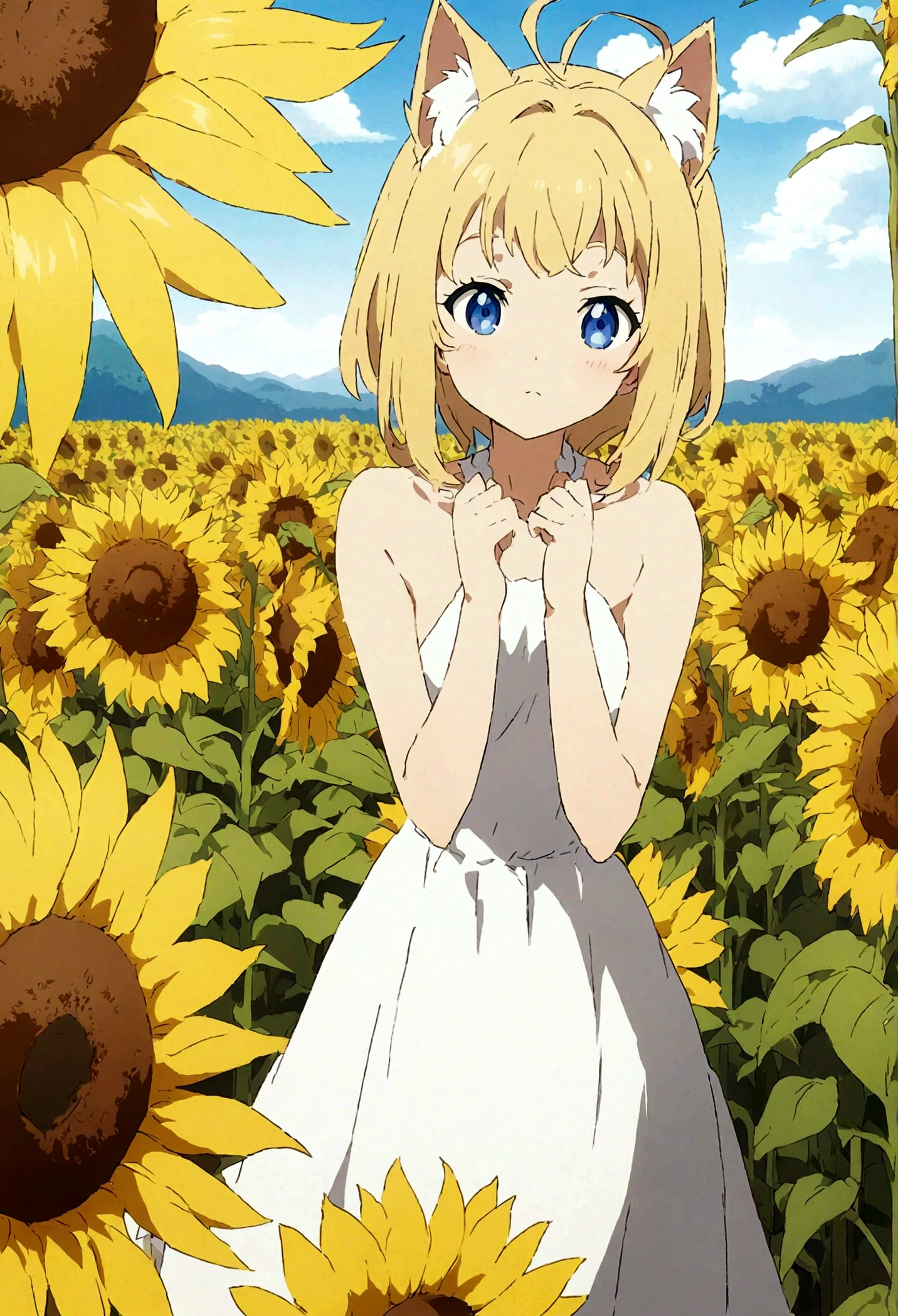 ((best quality)), ((masterpiece)), (detailed), Perfect face,Standing in a sunflower field,Yellow hair,Sunflower Cat Girl,fantasy,8K,Blue sky, Beautiful sunflower anime goddess, dress, きれいでdetailedなアニメアート, Beautiful anime goddess, Beautiful anime art style, Anime Illustrations, Beautiful anime artwork, Anime style illustration, Beautiful anime art, Zero Art,, detailedなデジタルアニメアート