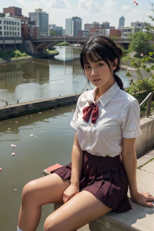 Highly detailed, highly detailed, best quality, masterpiece, illustration, realistic,
miyamizu mitsuha, 1 girl, alone,
black hair, ponytail, short hair,
, red headband, bow tie, short sleeves, collared shirt, long pleated skirt, socks, loafers,
sitting, standing,
Outdoor, water, river, sky, bridge, city, cityscape, wind, parted lips, falling petals,