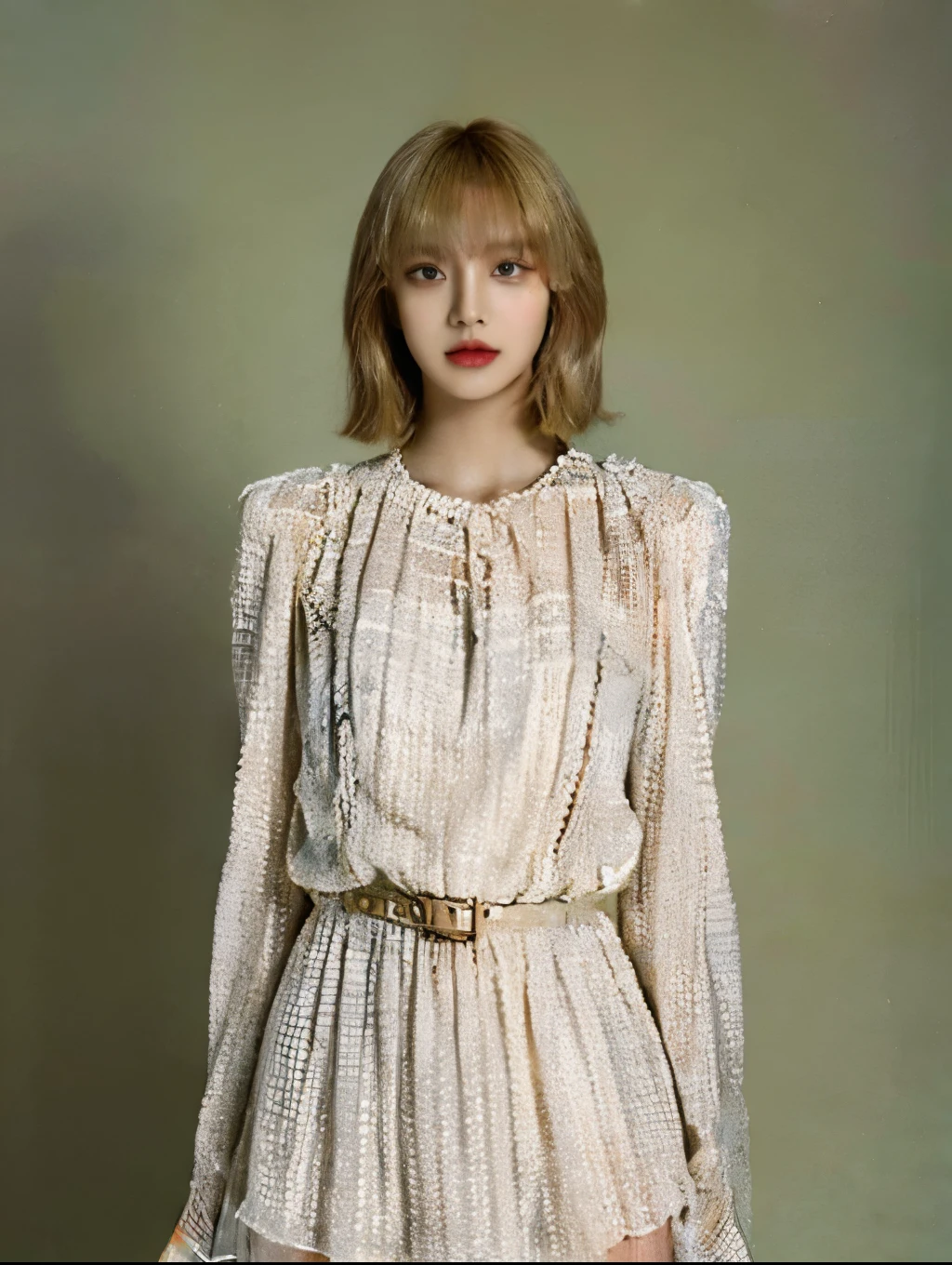 The best quality at its best,masterpiece,Ultra-high resolution,(Reality:1.4),RAW Photos,movie-like texture,1 cool girl,Tall and tall,Wearing a dress,Standing on a plain background,Looking into the camera,fashion photoshoot, Fashion Model, Blonde Bob Hair, Gorgeous eyes