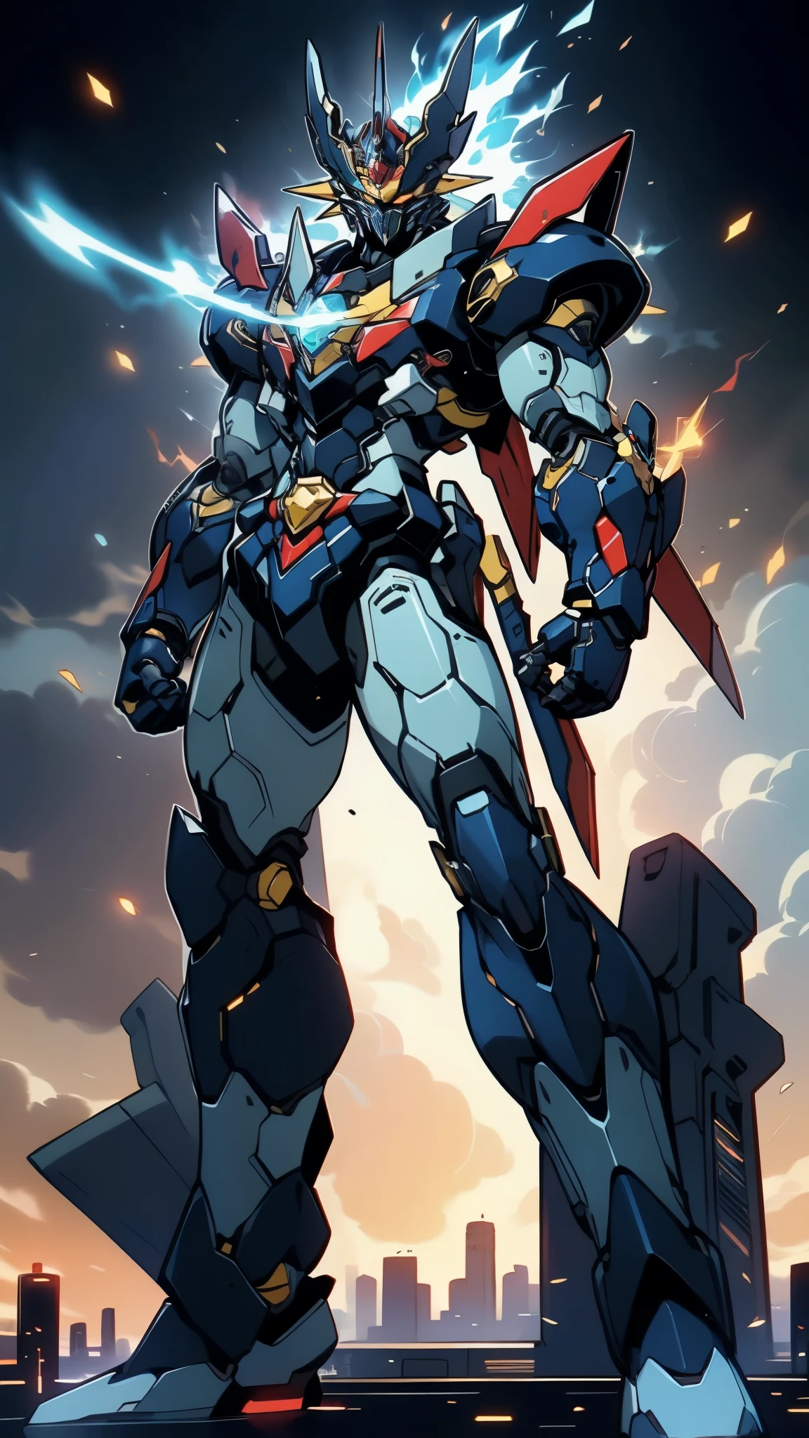 Humanoid Mecha, fully enclosed shoulder guards, matching arm and leg guards, full body, full armor, super robot, the design balances heavy with agility, (the color scheme is primarily white with red and blue accents, the concept Inspired by super robot, Lion concept chest armor, pose, standing, floating high above the futuristic sci-fi city), exquisite and mature art style, (aura effect, energy, glowing eyes, the armor glows), ((SRS)), metallic, dramatic, high definition, best quality, highres, ultra-detailed, ultra-fine painting, extremely delicate, professional, perfect body proportions, anatomically correct, symmetrical face, extremely detailed eyes and face, high quality eyes, creativity, RAW photo, UHD, 32k, Natural light, cinematic lighting, masterpiece-anatomy-perfect, masterpiece:1.5