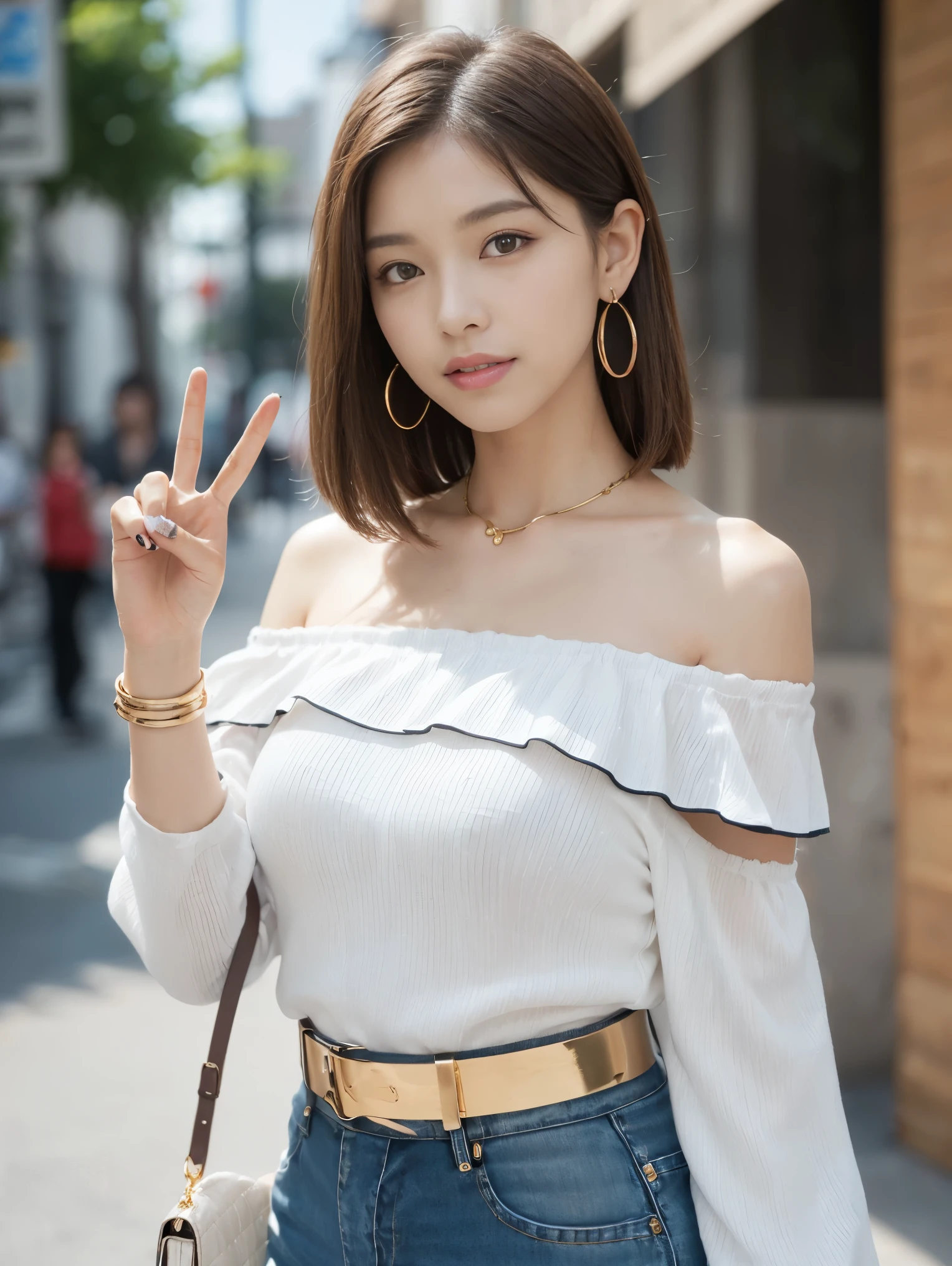 (masterpiece:1.3), High resolution, Super detailed, Highly detailed CG Unity 8k wallpaper, Realistic, photo-Realistic, RAW Photos, Beautifully detailed face, Pale skin, Realistic glistening skin, Detailed cloth texture, Detailed hair texture, Perfect Style, Beautiful Face, Accurate, Anatomically correct, Highly detailed face and skin texture, Natural neck length, (thin and beautiful fingers), break, Fine grain, Symmetrical eyes, Brown eyes, double eyelid, Thin eyebrows, (Glossy lips:1.4), (smile:1.1), break, ((Pure and cute girl:1.3)), ((Wearing an off-shoulder white blouse:1.4)), (Beautiful clavicle), (Gold String Belt), (Denim pants:1.2), (Cross strap high heels:1.2), (necklace, bracelet), ((Shoulder clutch bag, big hoop earrings, Pinky Ring:1.2)), (Beautiful blue nails) break, Layered Hairstyles, (Brown Hair:1.2), (Wavy Hair:1.2), short hair, Big Breasts, (Hard chest), (Shapely breasts:1.1), break, ((Peace sign pose:1.2)), (View Viewer), break, ((Upper Body:1.2)), (Focus on the face:1.2), (From the side),smile、Japanese girl、18-year-old、City、From above at an angle、Selfie composition