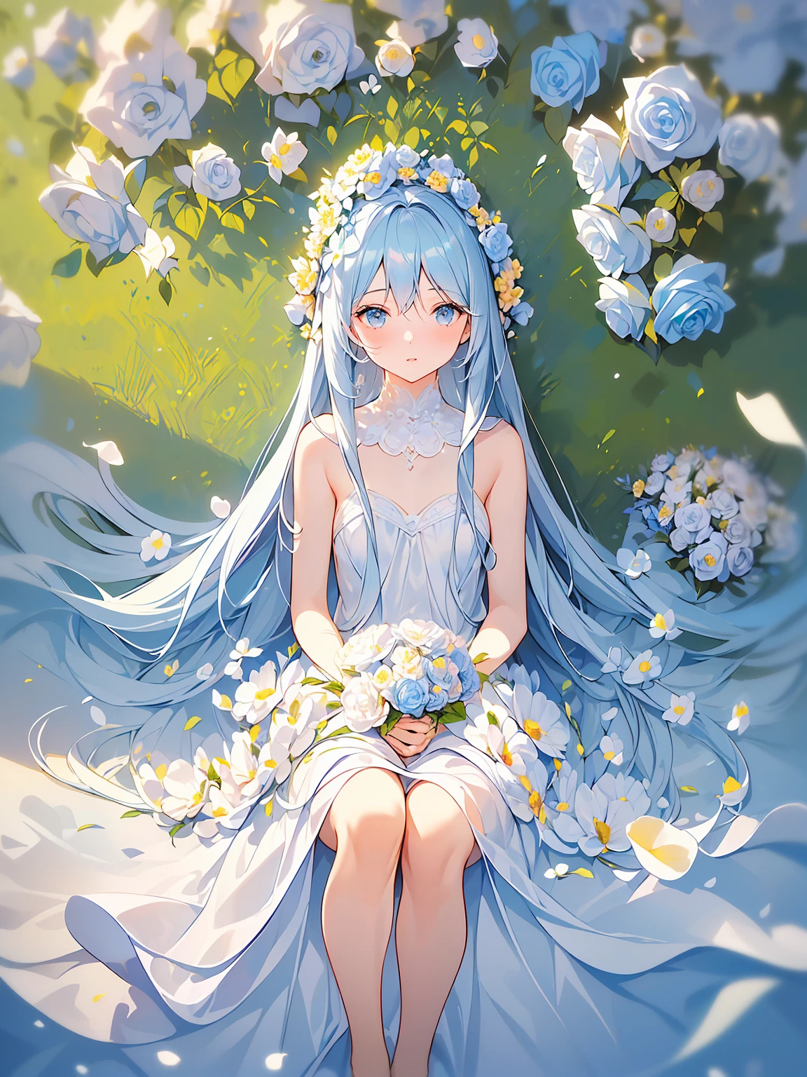 ((masterpiece, best quality, extremely detailed, absurdres)),, masterpiece, best quality, extremely detailed, (((light blue long hair))), long hair cute anime faces,detailed light,parted lips,shiny、beautiful detailed face,,longhair、(((( light blue long hair)))),,10 years old, , 1girl, solo, flat chest, blush, bangs, , flat chest,((best quality)), ((masterpiece)), ((Super detailed)), (illustration), (detail light), (an extremely delicate and fair), ((prune)), incredible_Ridiculous, (Ray tracing), (reflected light), ((movie poster)), (sign:1.3), (English text:1.3), rest (8K:1.3), wallpaper, 1 girl, (Girl among flowers:1.4), , clear sky, external, Super detailed, best quality, Ultimate quality, masterpiece, fair, beautiful, sit on the floor, (Ridiculously long hair, Clear border of cloth:1.4), (pure white dress, pure white silk cloth:1.5), (Flower land, Thousands of flowers, colorful flowers, flowers around her, various flowers:1.51), young, amazing, attractive, sundress, wonderful scenery, pure white shoes