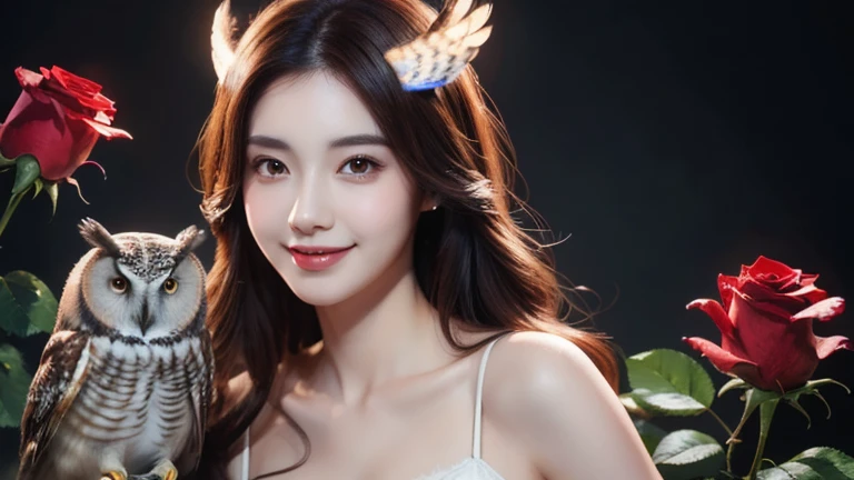 (Highest quality, masterpiece: 1,1), (busty with owl, dark eyes, bright smile, rose hair, illustration), painting, detailed, 8K