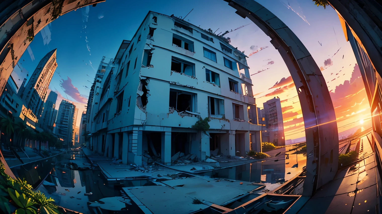 (((Fish-eye))),Icon, Logo, Very Wide White Background, Extreme Quality, Masterpiece, 8k, Depth of Field, Complex Detail, (((No People))), Very Large Margin, Lots of Text, Corporate Logo, Space, Emblem, Movie Poster-Like, Ruins with a view of the sea, (((Plants cover the broken building))), Big Moon, nostalgia, (((Sunset))), super car, Panorama, Long shot, backlight