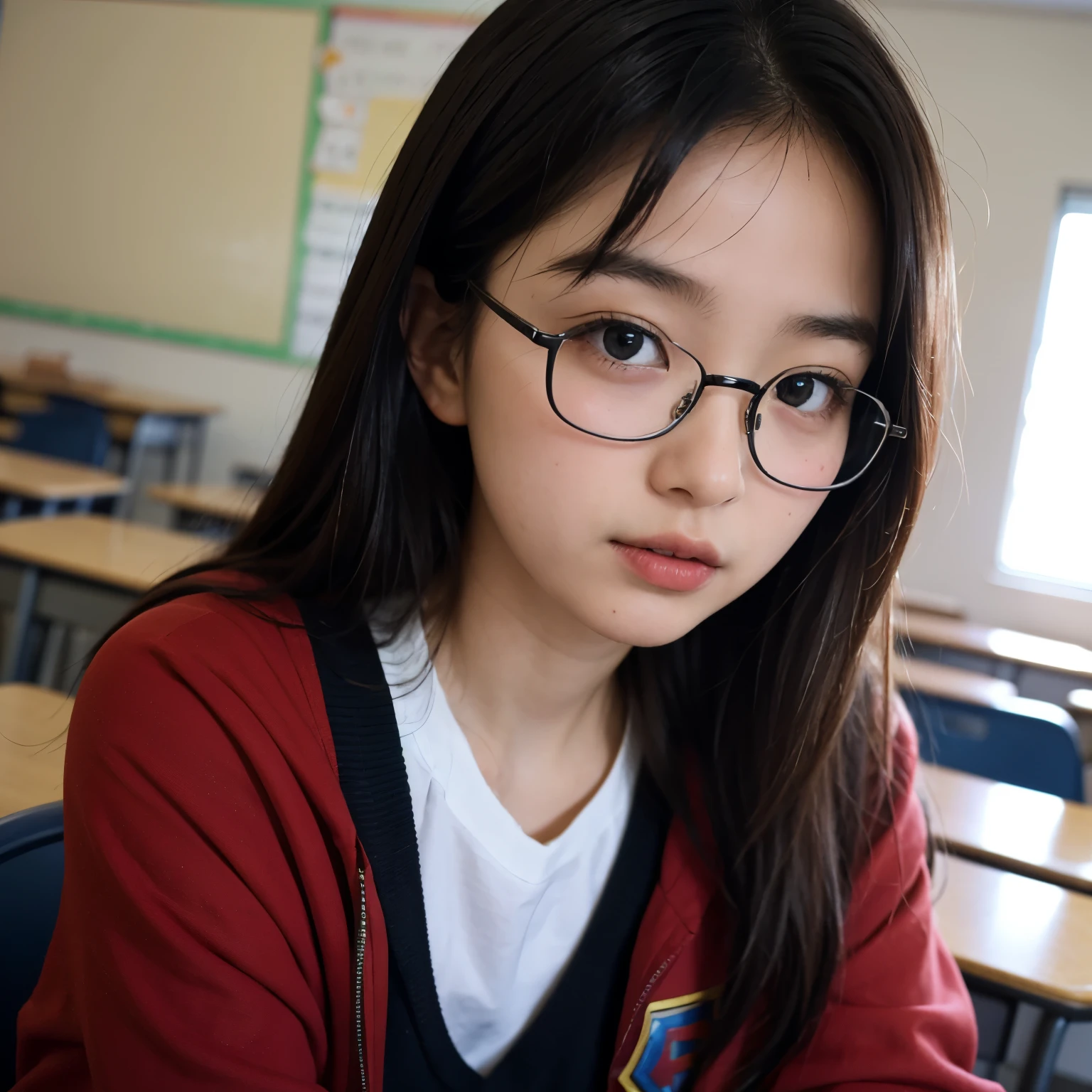 7 years old 、Elementary school girl、Black-rimmed glasses、School classroom、Sit on a chair、close-up of face from the front、Surrounded by a lot of creepy otaku、A nerd is a fat man with an ugly face、