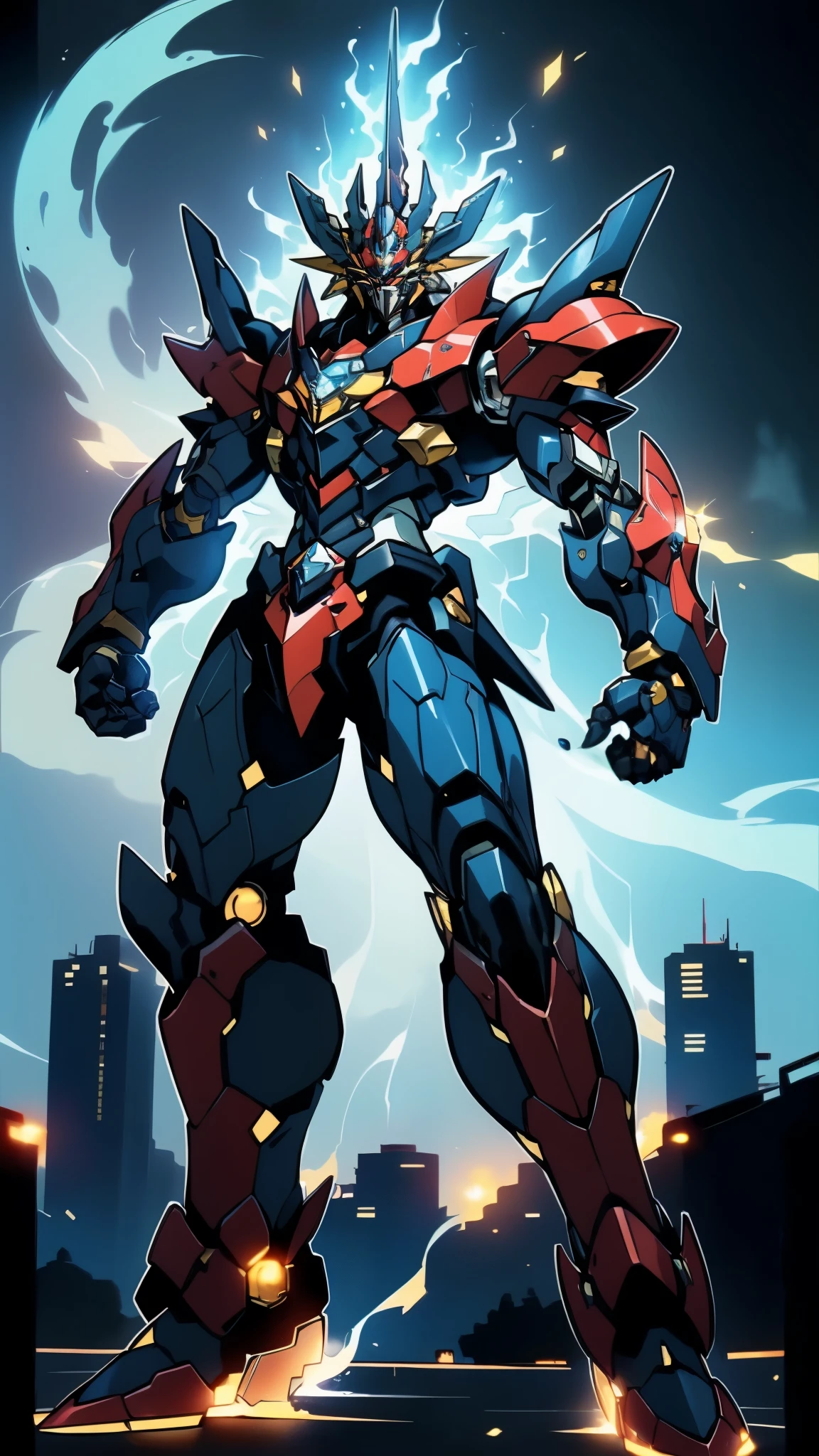 Humanoid Mecha, fully enclosed shoulder guards, matching arm and leg guards, full body, full armor, super robot, the design balances heavy with agility, (the color scheme is primarily white with red and blue accents, the concept Inspired by super robot, Lion concept chest armor, pose, standing, floating high above the futuristic sci-fi city), exquisite and mature art style, (aura effect, energy, glowing eyes, the armor glows), ((SRS)), metallic, dramatic, high definition, best quality, highres, ultra-detailed, ultra-fine painting, extremely delicate, professional, perfect body proportions, anatomically correct, symmetrical face, extremely detailed eyes and face, high quality eyes, creativity, RAW photo, UHD, 32k, Natural light, cinematic lighting, masterpiece-anatomy-perfect, masterpiece:1.5
