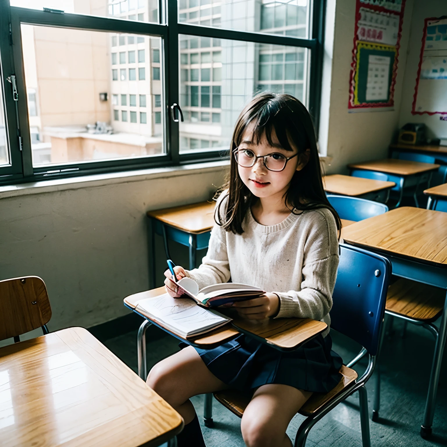 7 year old 、Elementary school student supergirl、Glasses、School classroom、Sit on a chair、I read a book、