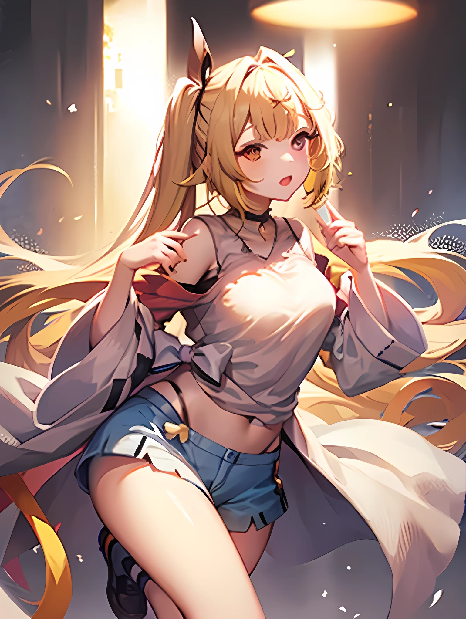 ((Highest quality)), ((masterpiece)), (detailed), ((High resolution)), 1girl, (独奏), multicolored hair,, angry, full blush, embarrassed, naughty face, crying, long tongue, shirt, g-string, clothed, show off nipple, spread legs, (NSFW), sweat, rittle wet, depth of field