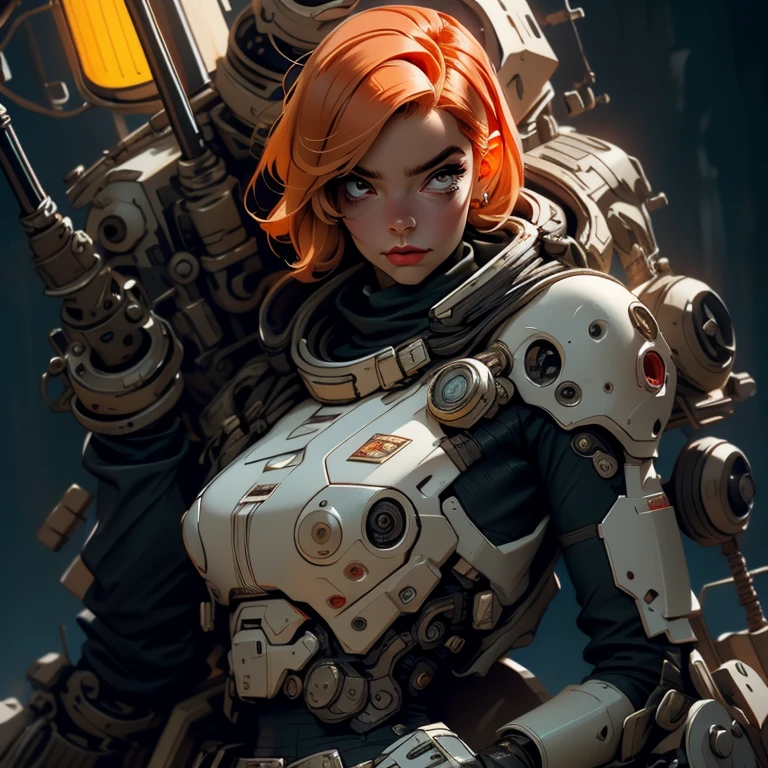 A highly detailed and realistic skull girl,( Anya. Taylor Joy) cyberpunk character, mad max furiosa, one hand robot, cyborg arm, orange hair, dramatic metal heavy rock theme, best quality, 8k, hyperrealistic, photorealistic, extreme detailed painting, studio lighting, vivid colors, dark moody atmosphere, cinematic, dramatic pose, intricate mechanical details, glowing energy effects, intense gritty textures, seamless integration of organic and inorganic elements. Wearing the used clothes of a wastelander. Background: An apocalyptic wasteland. Dusty and depressing., sexy pose, walking
