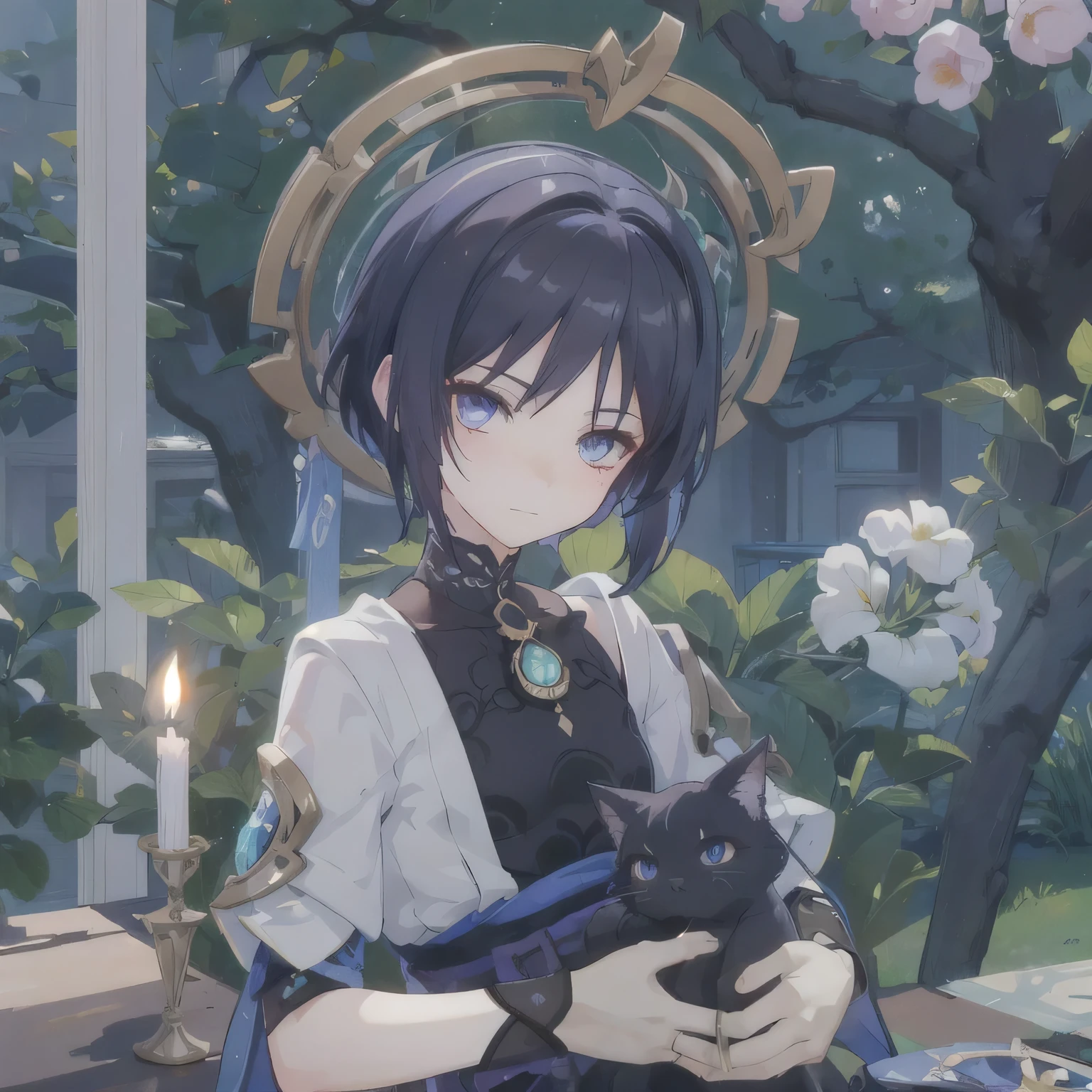 high quality, masterpiece, Delicate eyes, Delicate hair, animemanga male, florals, Dreamy style, Fantastic flower garden, Fantasy art style, Anime fantasy illustration, anime art nouveau, A beautiful artwork illustration, 8K high quality detailed art, (Delicate facial portrayal), (Fine hair depiction), (highest quality), (Master masterpieces), (High degree of completion), (a sense of atmosphere), 8k wallpaper, tmasterpiece,Best quality at best, ultra - detailed,
A beautiful half-body illustration of a male, sanbing, (holding a black cat). The cat has dark purple eyes, adding to their harmonious appearance. The background is soft and minimalistic, with a warm, calming color palette. The scene is a close-up shot, focusing on the sanbin's upper body and face, with the cat nestled comfortably in his arms. The scene on the left side, include a cozy room with soft lighting and elegant furniture. On the right side, add a small table with a vase of fresh flowers, maintaining the tranquil and intimate mood. The overall style should be consistent with a warm, peaceful, and gentle atmosphere.
masterpiece,best quality,1boy,sanbing,solo,male focus,upper body,ahoge,blunt ends,looking at viewer,