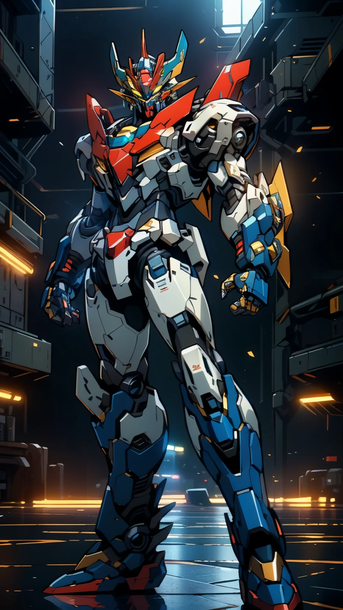 Humanoid Mecha, fully enclosed shoulder guards, matching arm and leg guards, full body, full armor, super robot, the design balances heavy with agility, (the color scheme is primarily white with red and blue accents, the concept Inspired by super robot, Lion concept chest armor, pose, standing, floating high above the futuristic sci-fi city), exquisite and mature art style, (aura effect, energy, glowing eyes, the armor glows), ((SRS)), metallic, dramatic, high definition, best quality, highres, ultra-detailed, ultra-fine painting, extremely delicate, professional, perfect body proportions, anatomically correct, symmetrical face, extremely detailed eyes and face, high quality eyes, creativity, RAW photo, UHD, 32k, Natural light, cinematic lighting, masterpiece-anatomy-perfect, masterpiece:1.5