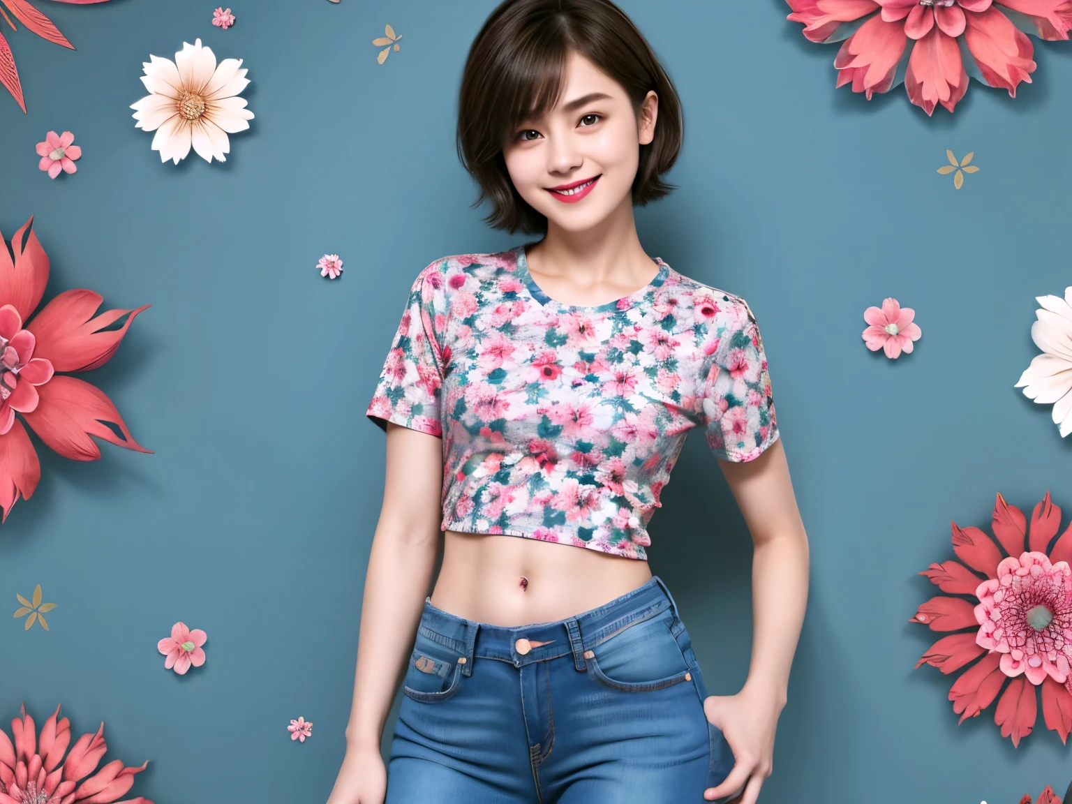 238 18-year-old female, short hair, (Jeans andT-shirt), A kind smile, lipstick, Abdominal muscles, (Floral Background、Fractal Patterns)