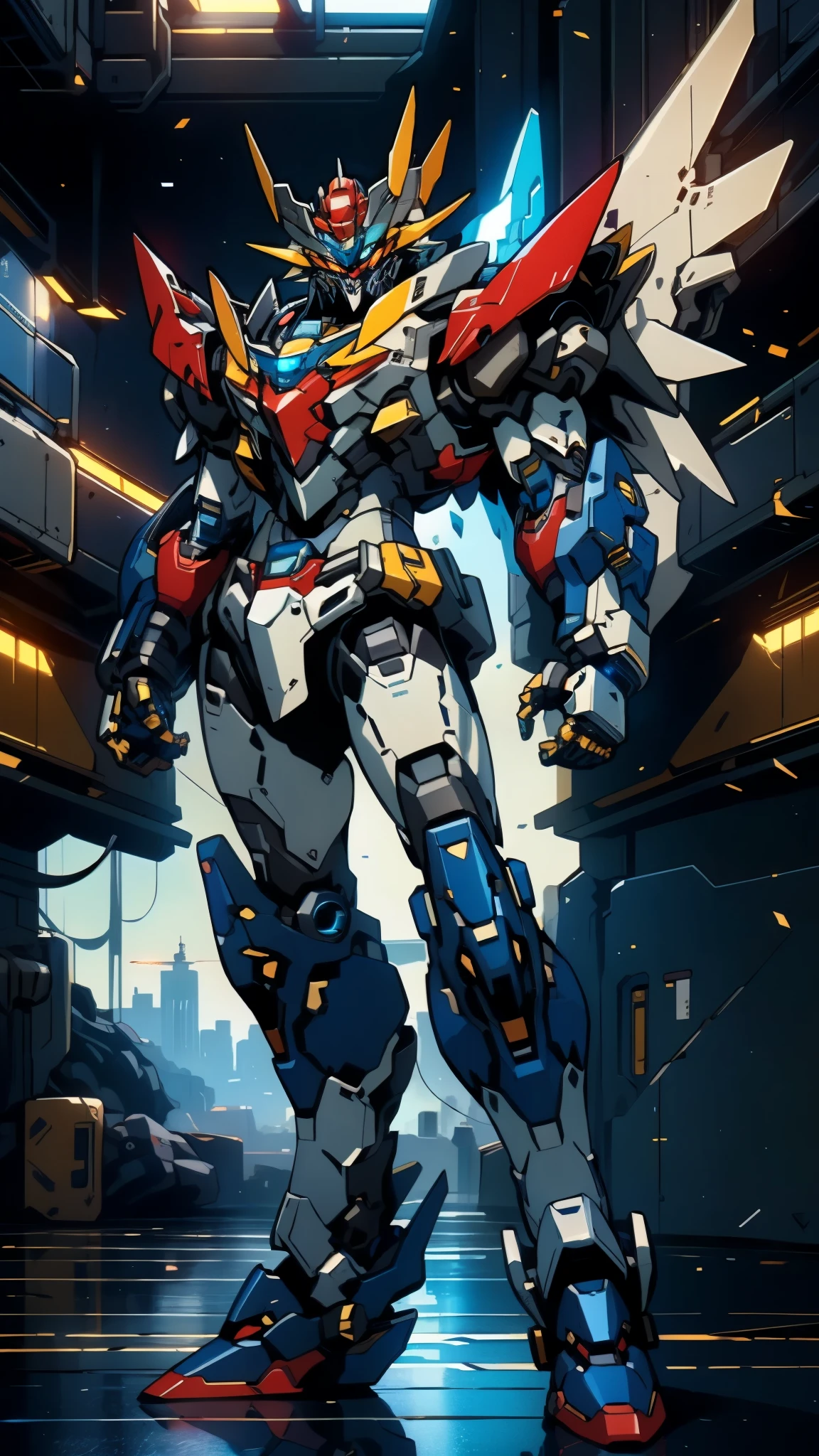 Humanoid Mecha, fully enclosed shoulder guards, matching arm and leg guards, full body, full armor, super robot, the design balances heavy with agility, (the color scheme is primarily white with red and blue accents, the concept Inspired by super robot, Lion concept chest armor, pose, standing, floating high above the futuristic sci-fi city), exquisite and mature art style, (aura effect, energy, glowing eyes, the armor glows), ((SRS)), metallic, dramatic, high definition, best quality, highres, ultra-detailed, ultra-fine painting, extremely delicate, professional, perfect body proportions, anatomically correct, symmetrical face, extremely detailed eyes and face, high quality eyes, creativity, RAW photo, UHD, 32k, Natural light, cinematic lighting, masterpiece-anatomy-perfect, masterpiece:1.5