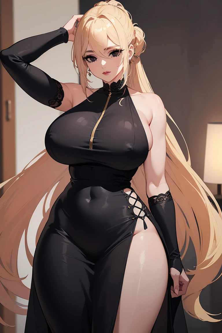 (Uhd, Masterpiece, Textured Skin, Super Detail, High Details, High Quality, Best Quality), Detailed Face, 1woman, mature pretty woman:1.5, ((Wide hips, thick thighs, massive huge breasts)), Blonde hair tied up, (Black dress), dresspants:1.5, (Huge Body), (Hair tied up with side bangs)