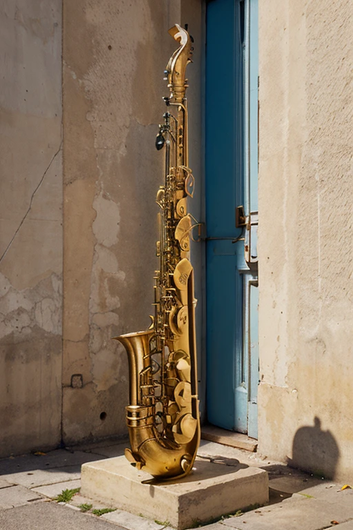 sculpture of a saxophone, construido con pedazos de lata, remaches, tornillos y tuercas, arte urbano