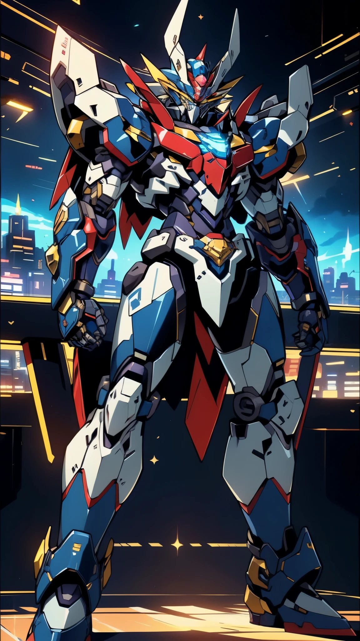 Humanoid Mecha, fully enclosed shoulder guards, matching arm and leg guards, full body, full armor, super robot, the design balances heavy with agility, (the color scheme is primarily white with red and blue accents, the concept Inspired by super robot, Lion concept chest armor, pose, standing, floating high above the futuristic sci-fi city), exquisite and mature art style, (aura effect, energy, glowing eyes, the armor glows), ((SRS)), metallic, dramatic, high definition, best quality, highres, ultra-detailed, ultra-fine painting, extremely delicate, professional, perfect body proportions, anatomically correct, symmetrical face, extremely detailed eyes and face, high quality eyes, creativity, RAW photo, UHD, 32k, Natural light, cinematic lighting, masterpiece-anatomy-perfect, masterpiece:1.5