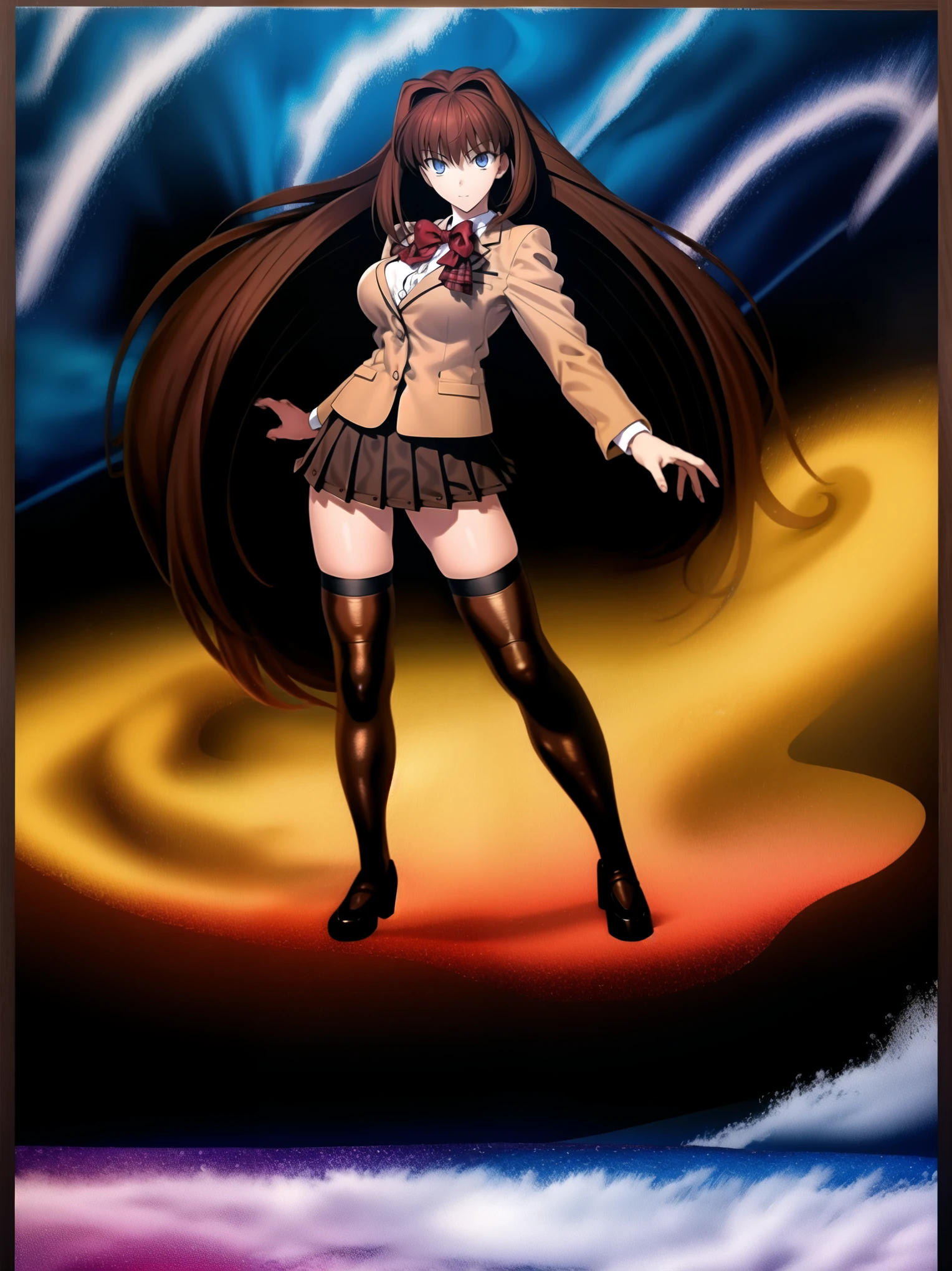 BREAK, centered. BREAK, (EMPTY BACKGROUND), BREAK, (masterpiece), best quality, high resolution, 8k, illustration, (beautiful detailed eyes:1.5), extremely detailed face, extremely detailed body, CG, perfect hands, perfect anatomy, (((1girl))), ((solo)), (((bbaoko))), ((2 legs max)), ((2 feet max:1.6)), ((swirling vortex shaped longest brown hair:1.5)), (brown longest hair with slightly reddish undertone:1.6), (lush luscious longest brown hair:1.6), (very long voluminous longest brown hair:1.5), serious, blue eyes, red bowtie, (Form-fitting beige blazer:1.5), brown jacket, (highly detailed beautiful face:1.2), (white shirt:1), (well shaped large breasts:1.6), (nice hips:1), (((Umber pleated thigh-high skirt:1.6))), (((black bike shorts:1.4))), (toned thighs:1.6), (jetblack thighhighs:1.6), (strap shoes brown color), (facing front:1.5), ((standing straight:1.5)), ((Fullbody in frame:1.6)), ((Full body:1.5)), ((takeuchi takashi:1.3))