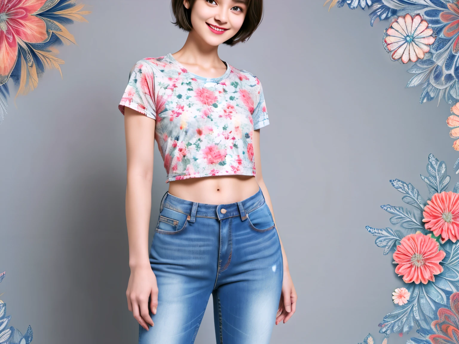 238 18-year-old female, short hair, (Jeans andＴ-shirt), A kind smile, lipstick, Abdominal muscles, (Floral Background、Fractal Patterns)