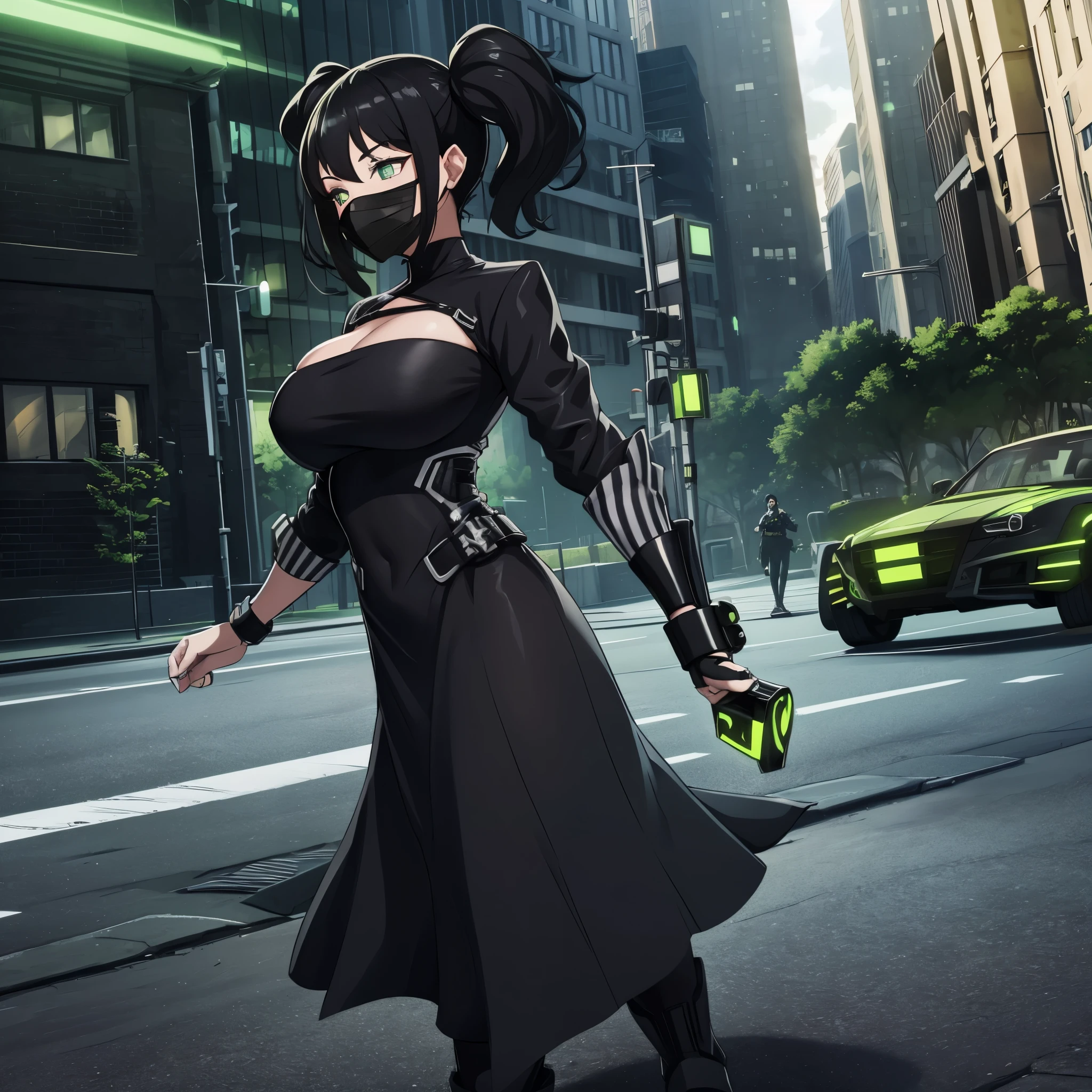 a woman wearing a futuristic black mask with green details, wearing a black dress with green details, black steel boots, black steel bracelet, green eyes, black hair, pigtails, big breasts, walking on the sidewalk of a city ruin all destroyed, with explosion in the background, place during the day , UHD , masterpiece, accurate, anatomically correct, textured skin, super detail, high quality, best quality, 8k, high resolution, bokeh effect.(solo woman)
