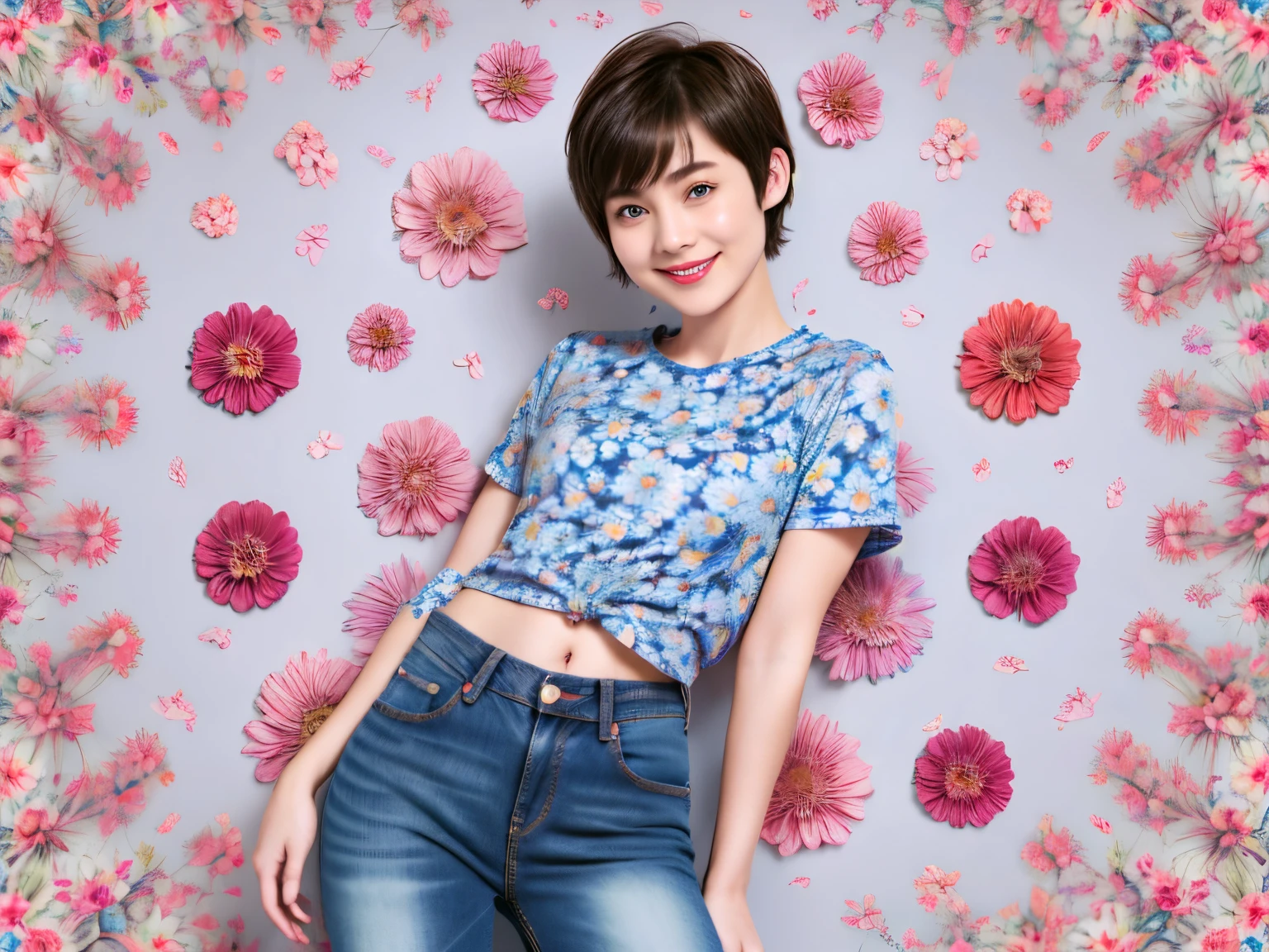 238 18-year-old female, short hair, (Jeans andＴ-shirt), A kind smile, lipstick, Abdominal muscles, (Floral Background、Fractal Patterns)