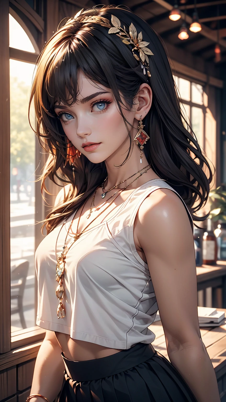 1 girl, 最high quality, masterpiece, High resolution, [purple|Sliver|green] _hair, Black mini skirt, hair accessory, necklace, jewelry, Beautiful Face, I&#39;m looking forward to, Full body image, Realistic, Outdoor, Modern Square, Two-tone lighting, (Skin with attention to detail: 1.2), 8K Ultra HD, Digital SLR, Soft Light, high quality, Volumetric Light, Frank, photograph, High resolution, 4K, 8k, Background Blur