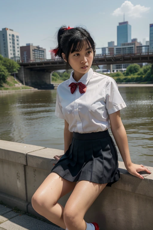 Highly detailed, highly detailed, best quality, masterpiece, illustration, realistic,
 1 Japanese girl, kindergarten school,
black hair, ponytail, short hair,
, red headband, bow tie, short sleeves, collared shirt, long pleated skirt, socks, loafers,
sitting, standing,
Outdoor, water, river, sky, bridge, city, cityscape, wind, parted lips.