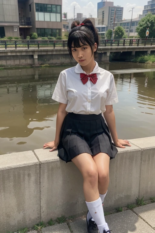 Highly detailed, highly detailed, best quality, masterpiece, illustration, realistic,
 1 Japanese girl, kindergarten school,
black hair, ponytail, short hair,
, red headband, bow tie, short sleeves, collared shirt, long pleated skirt, socks, loafers,
sitting, standing,
Outdoor, water, river, sky, bridge, city, cityscape, wind, parted lips.