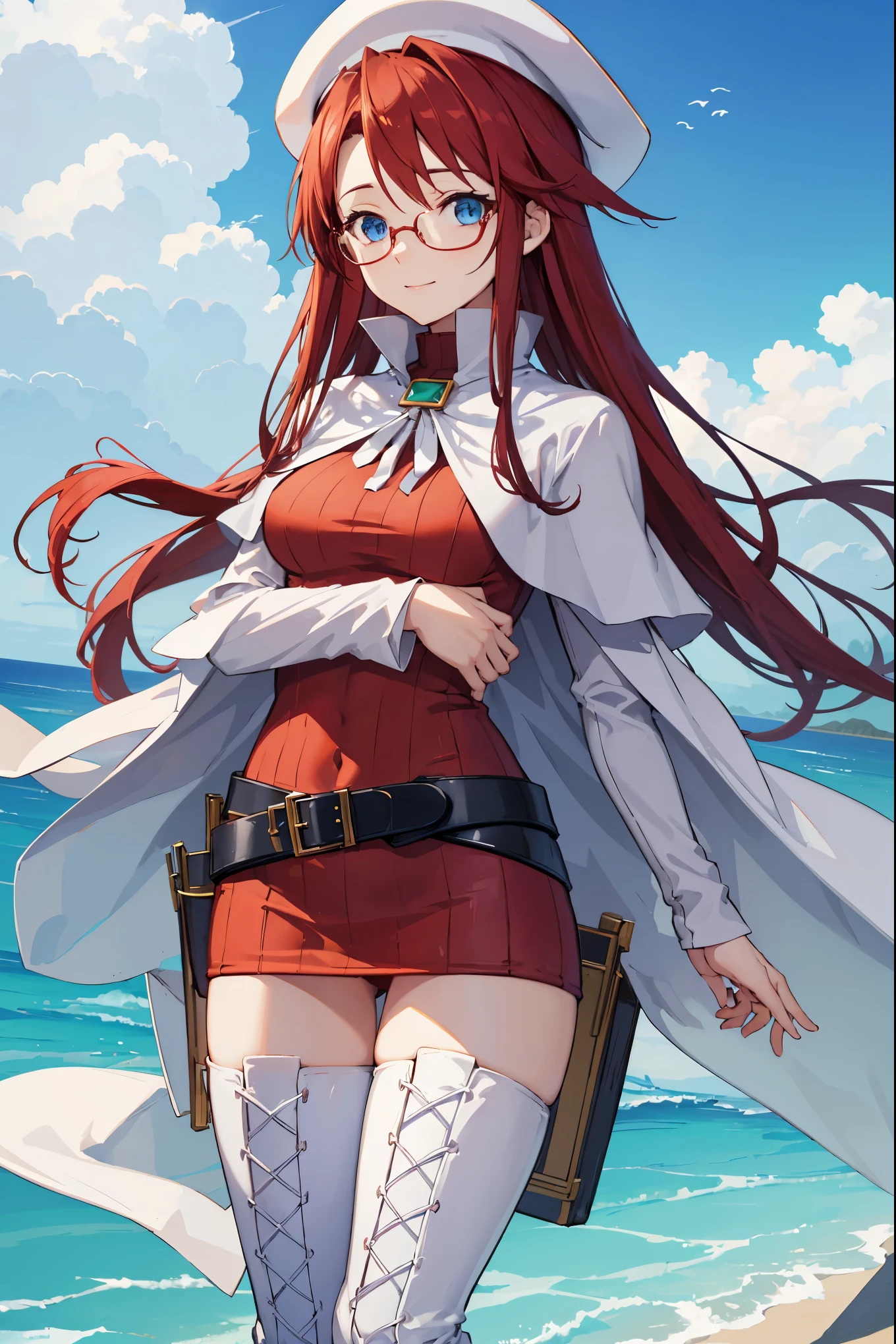 summonnightaty, aty, (young:1.3),long hair, blue eyes, red hair, big_berets, hat, glasses,
BREAK long hair, thighhighs, hat, dress, naked_legs, glasses, belt, cape, sweater, zettai ryouiki, beret, thigh boots, white footwear, ribbed sweater, loose belt,solo,
BREAK outdoors, fantasy,on_beach,
,Highquality_hads,perfect_fingers,
BREAK (masterpiece:1.2), best quality, high resolution, unity 8k wallpaper, (illustration:0.8), (beautiful detailed eyes:1.6), extremely detailed face, perfect lighting, extremely detailed CG, (perfect hands, perfect anatomy),covered_nipples,covered_navel ,half_eyes,long_sword,sleepy,standing,red_sweater,apart_knees,magical_effect,spread_legs, have_a_book,teacher,rise_knee,Smile,rise_hand,look_down_viewer,spread_arms,sea​_waves,looking_into,blue_sky,sitting