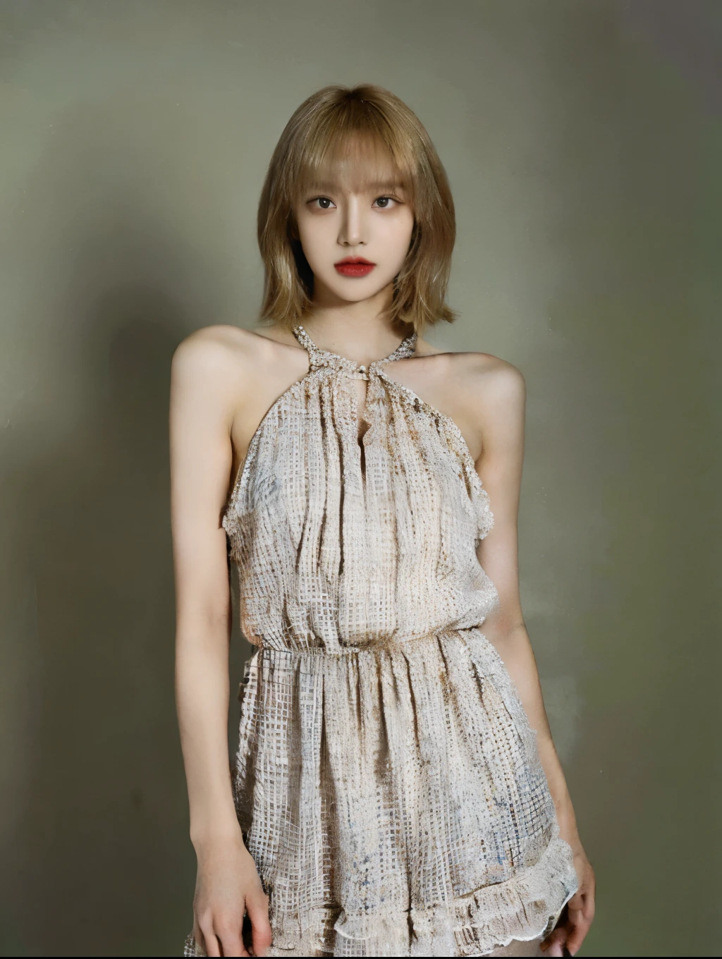 The best quality at its best,masterpiece,Ultra-high resolution,(Reality:1.4),RAW Photos,movie-like texture,1 cool girl,Tall and tall,Wearing a dress,Standing on a plain background,Looking into the camera,fashion photoshoot, Fashion Model, Blonde Bob Hair, Gorgeous eyes