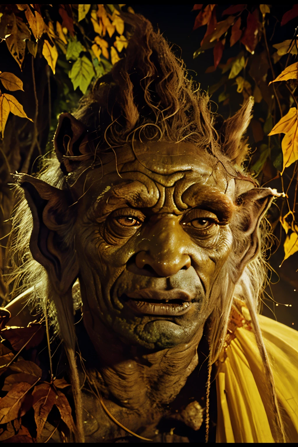 A yellow-skinned man with leaves for hair and roots coming out of his nose and ears, bizarre, ugly, surreal horror film
