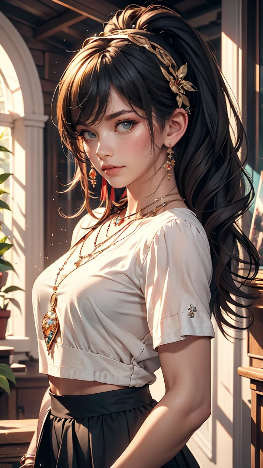 1 girl, 最high quality, masterpiece, High resolution, [purple|Sliver|green] _hair, Black mini skirt, hair accessory, necklace, jewelry, Beautiful Face, I&#39;m looking forward to, Full body image, Realistic, Outdoor, Modern Square, Two-tone lighting, (Skin with attention to detail: 1.2), 8K Ultra HD, Digital SLR, Soft Light, high quality, Volumetric Light, Frank, photograph, High resolution, 4K, 8k, Background Blur