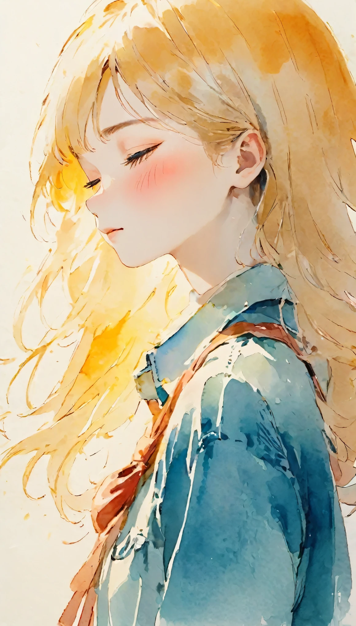 watercolor、Bright、Beautiful colors、Perfect Anatomy、Cowboy Shot、Girl Closing Her Eyes、cute、profile