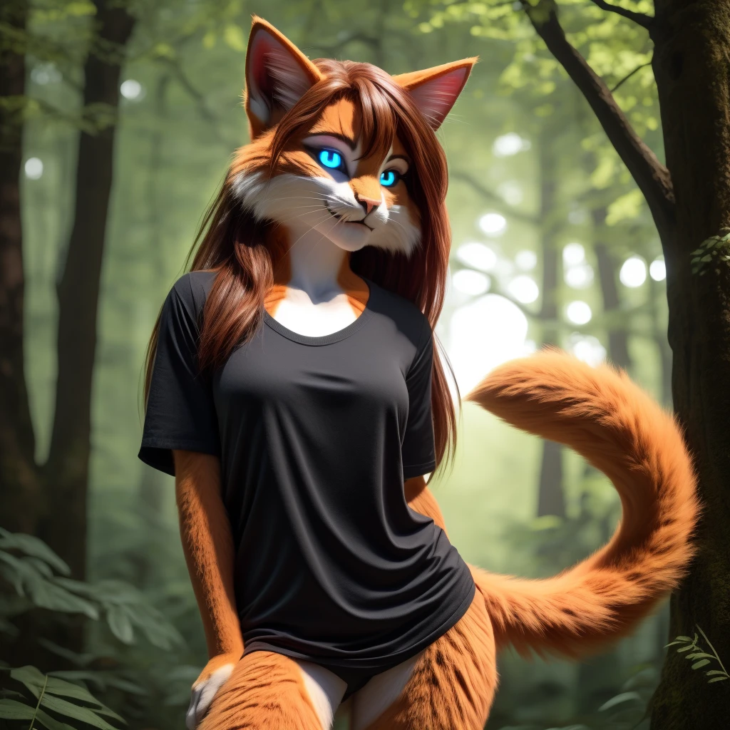 Sexy Posing, Female, 30 years old, cute, eyeliner, long hair, biting lip smile, black shirt, bedroom eyes, anthro, cat ears, (orange fur:1.5), baggy shirt, cat, forest background, 8k, hi res, (best quality, masterpiece), blue glowing eyes, (cat tail:1.5), detailed fur