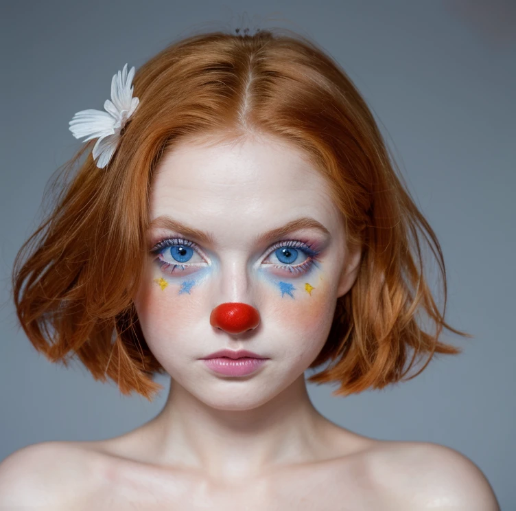 Beautiful girl, blue eyes, ginger hair, detailed facial traits, clown dace makeup, clown dress, naked breasts