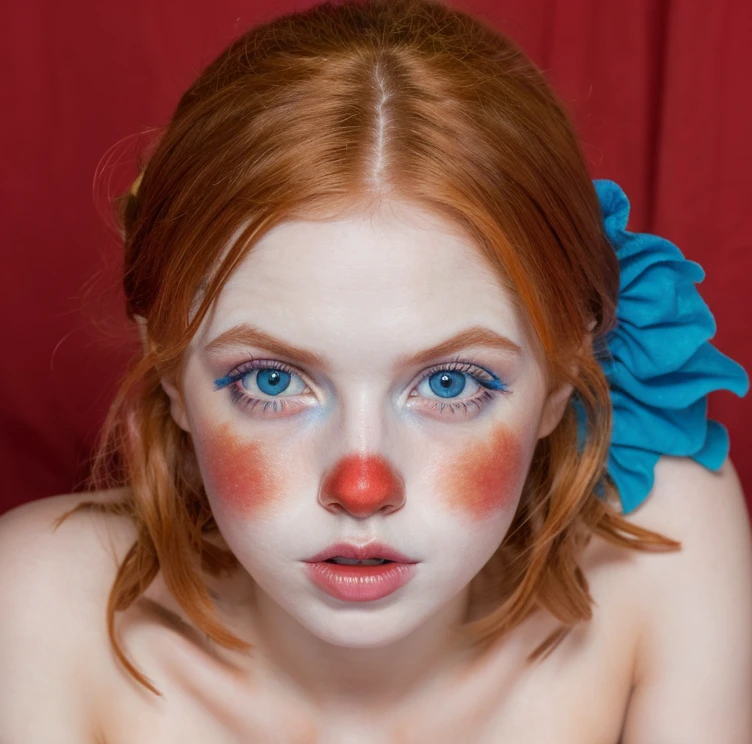 Beautiful girl, blue eyes, ginger hair, detailed facial traits, clown dace makeup, clown dress, naked breasts