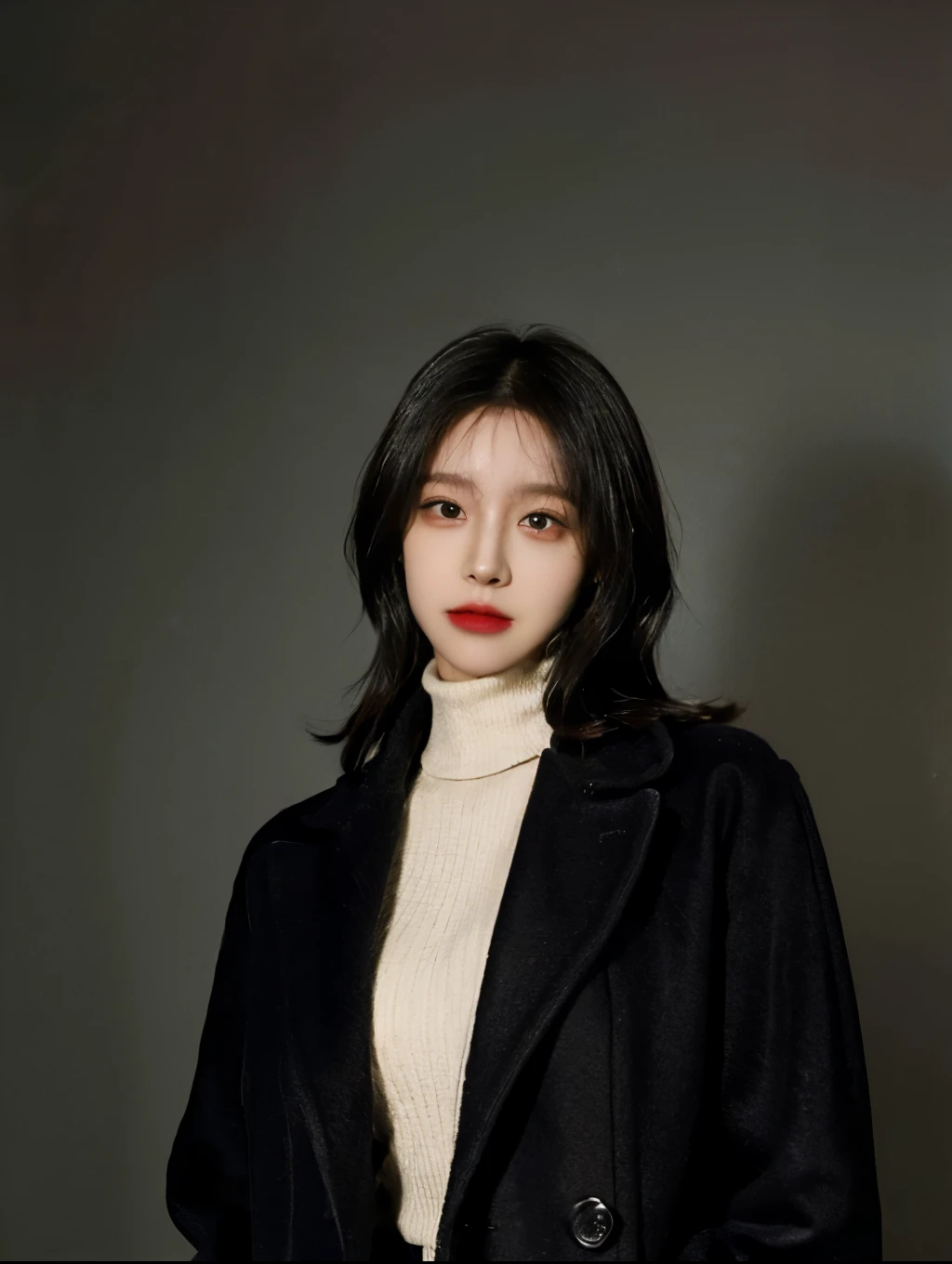 The best quality at its best,masterpiece,Ultra-high resolution,(Reality:1.4),RAW Photos,movie-like texture,1 cool girl,Tall and tall，Wearing a turtleneck，Black long coat，Standing on a plain background，Looking into the camera，fashion photoshoot, Fashion Model, Black bob hair, Gorgeous eyes,whole body