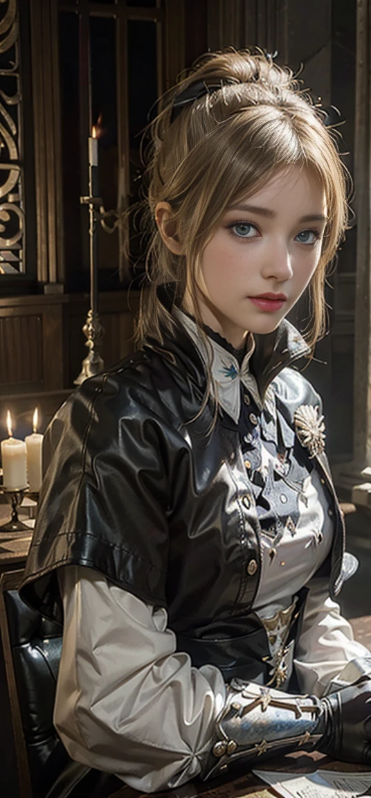 Medieval France,  thin, White surcoat and cross armor, Adobe Photoshop, Realistic digital painting, Historical portraits, High resolution, Warm candle light, Iconic art, Brave, Resolute expression, An exciting atmosphere