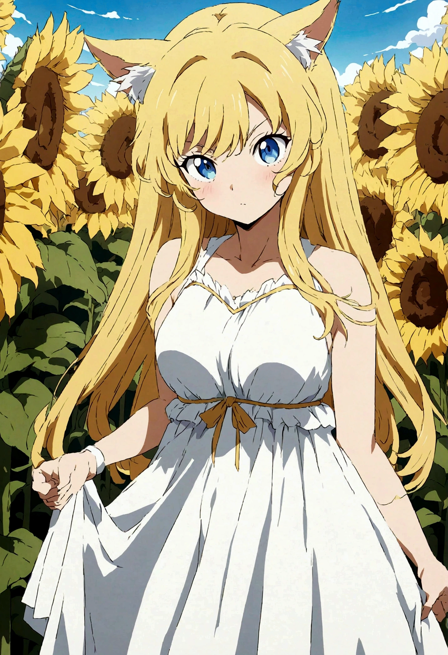 ((best quality)), ((masterpiece)), (detailed), Perfect face,Standing in a sunflower field,Yellow hair,Sunflower Cat Girl,fantasy,8K,Blue sky, Beautiful sunflower anime lady, Sexy dress, きれいでdetailedなアニメアート, Beautiful anime lady, Beautiful anime art style, Anime Illustrations, Beautiful anime artwork, Anime style illustration, Beautiful anime art, Zero Art,, detailedなデジタルアニメアート