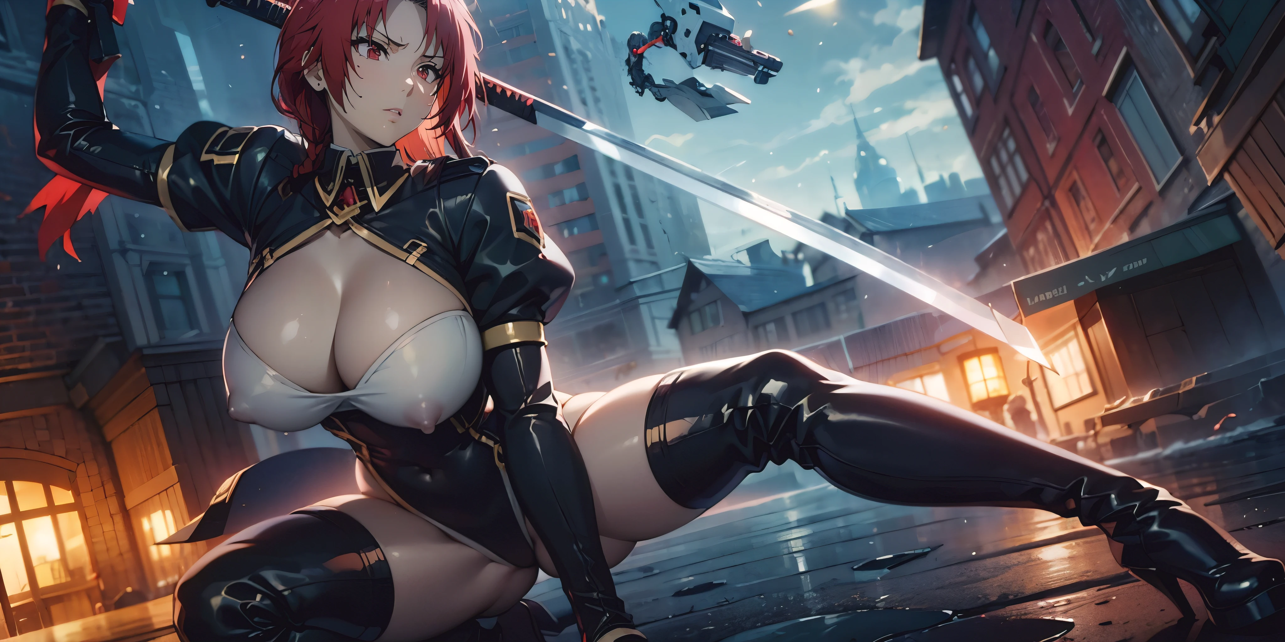 red hair, long hair, braid, 1girl, solo, breasts, large breasts, thighhighs, gloves, long sleeves, holding, cleavage, weapon, boots, parted lips, puffy sleeves, shiny, sword, spread legs, black footwear, holding weapon, high heels, covered nipples, leotard, lips, clothing cutout, thigh boots, highleg, holding sword, cleavage cutout, squatting, katana, robot, juliet sleeves, highleg leotard, high heel boots, shiny clothes, white leotard, thighhighs under boots, feather trim, feather-trimmed sleeves, leather boots, hollow eyes, red eyes, lips, cheek, expressionless, glaring eyes, upper teeth,