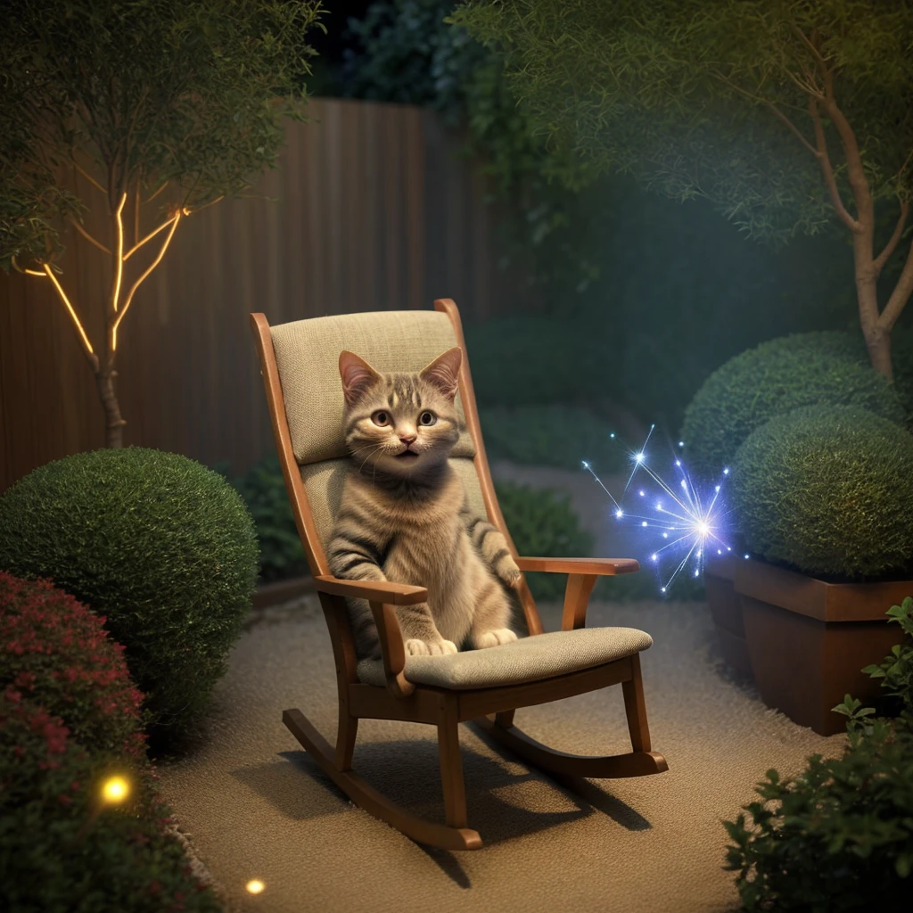 A cute cat, Lying in a rocking chair, Happy expression, The background is the garden, Dream, HD, Particle light effects.