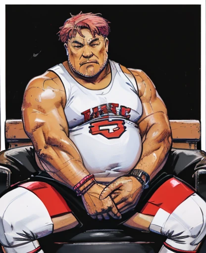 Only chubby chubby extremely thick thighs large belly fat 50-year-old middle-aged man,Man,grampa,Height 195,Asian people,sitting in the couch,God perspective,The eyes are about to face each other,Chinese men,musculature,Lift one foot,Wearing a purple powder Nike basketball vest,Rose pink basketball pants,The number 12 is written on the basketball suit,Rose Red Nike high-leg basketball shoes,Cord,Chains,Ferocious and ferocious,The background is outdoors,There is no basketball,Hold your hands on your knees