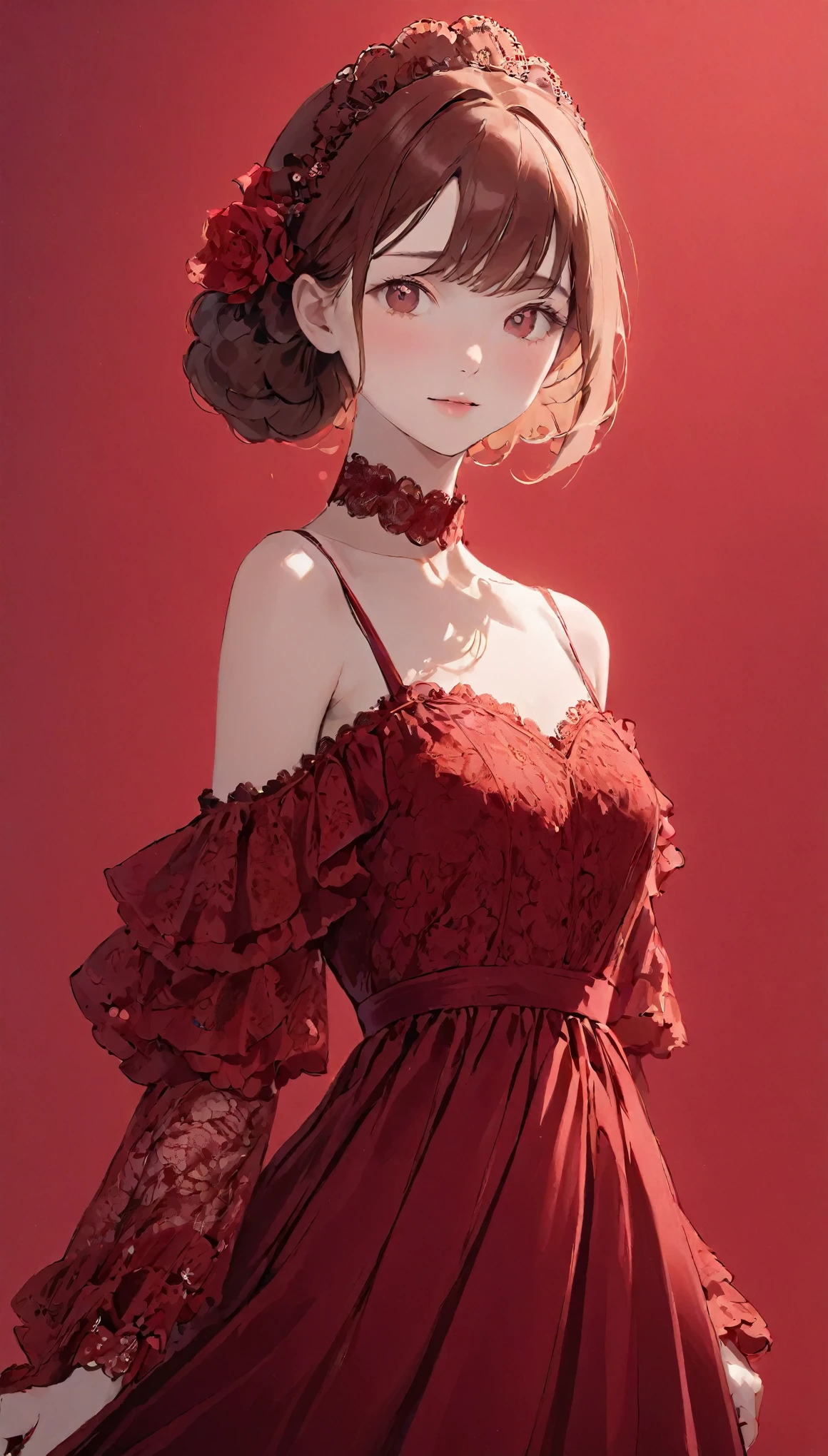 Young woman standing in front of a crimson background、She is wearing a gorgeous red dress。The dress is decorated with lace and frills.、Exposed shoulder design.。The Woman'Long hair is soft and wavy、Her head is adorned with a red flower hair accessory....。Gorgeous gold earrings dangle from her ears....。
The Woman'His face is full of confidence、The slightly sad eyes are characteristic.。The details on the dress are exquisite、The floral decoration on the chest is particularly eye-catching....。Butterfly fluttering in the background.、Creates a fantastic and romantic atmosphere.。
as a whole、Feminine beauty and passionate red stand out.、Gives a dramatic and elegant look。