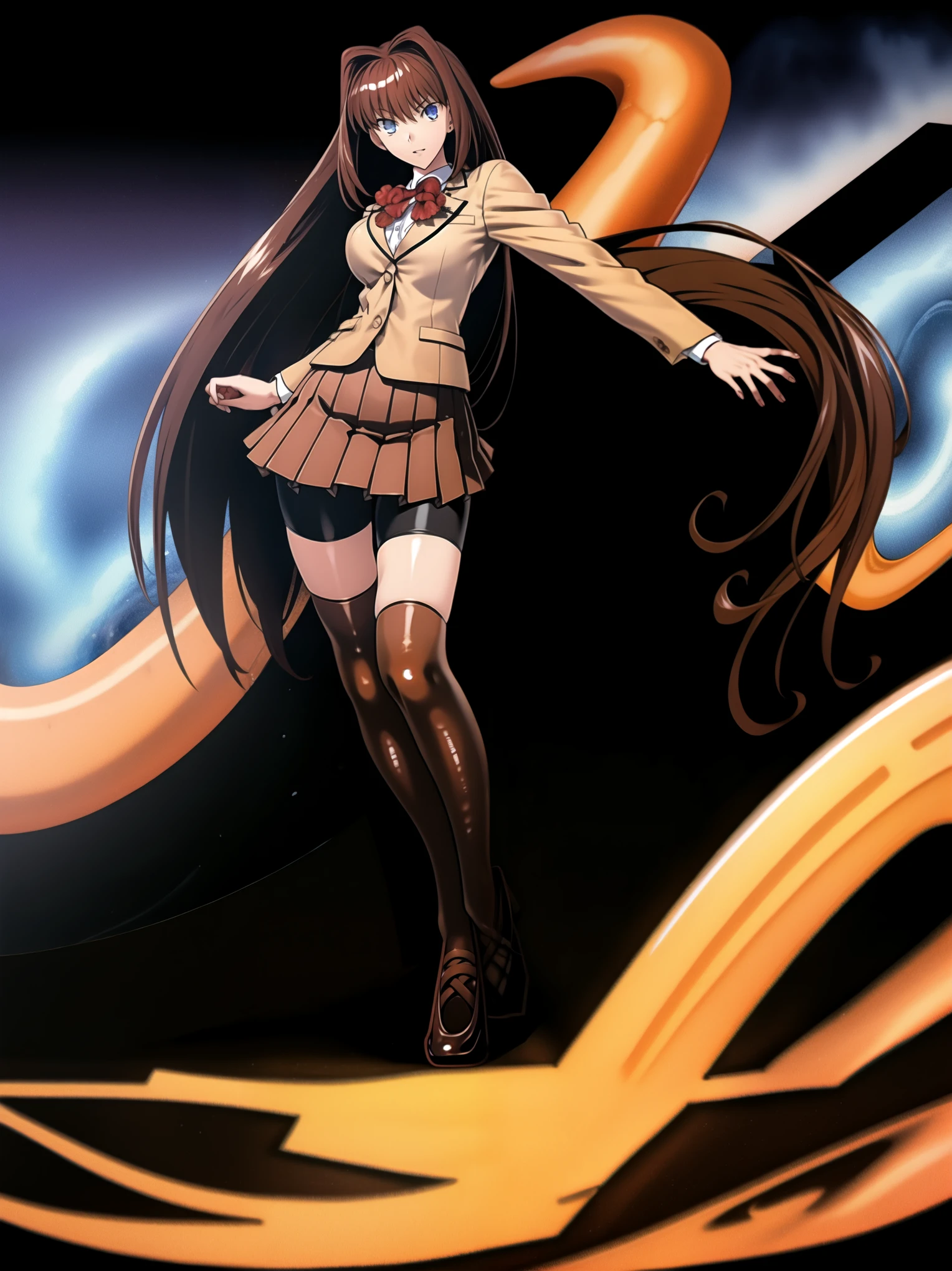 BREAK, centered. BREAK, (EMPTY BACKGROUND), BREAK, (masterpiece), best quality, high resolution, 8k, illustration, (beautiful detailed eyes:1.5), extremely detailed face, extremely detailed body, CG, perfect hands, perfect anatomy, (((1girl))), ((solo)), (((bbaoko))), ((2 legs max)), ((2 feet max:1.6)), ((swirling vortex shaped longest brown hair:1.5)), (brown longest hair with slightly reddish undertone:1.6), (lush luscious longest brown hair:1.6), (very long voluminous longest brown hair:1.5), serious, blue eyes, red bowtie, (Form-fitting beige blazer:1.5), brown jacket, (highly detailed beautiful face:1.2), (white shirt:1), (well shaped large breasts:1.6), (nice hips:1), (((Umber pleated thigh-high skirt:1.6))), (((black bike shorts:1.4))), (toned thighs:1.6), (jetblack thighhighs:1.6), (strap shoes brown color), (facing front:1.5), ((standing straight:1.5)), ((Fullbody in frame:1.6)), ((Full body:1.5)), ((takeuchi takashi:1.3))