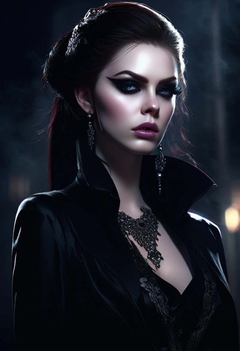 A mean girl, beautiful face, evil expression, piercing eyes, long eyelashes, detailed facial features, pale skin, dark makeup, dark outfit, cold demeanor, imposing presence, dramatic lighting, moody atmosphere, cinematic, dark fantasy, digital art