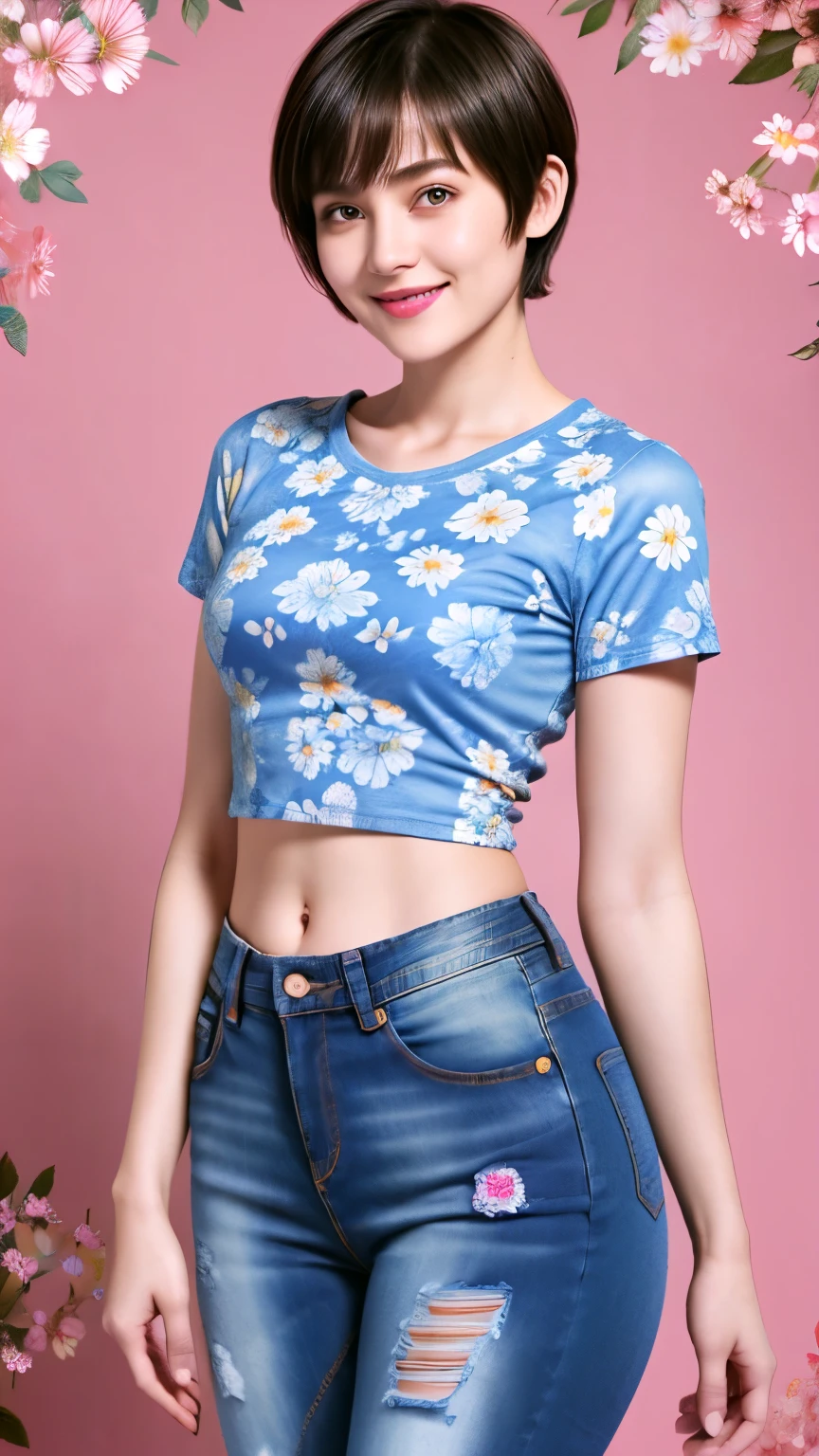 238 18-year-old female, short hair, (Jeans andT-shirt), A kind smile, lipstick, Abdominal muscles, (Floral Background、Fractal Patterns)
