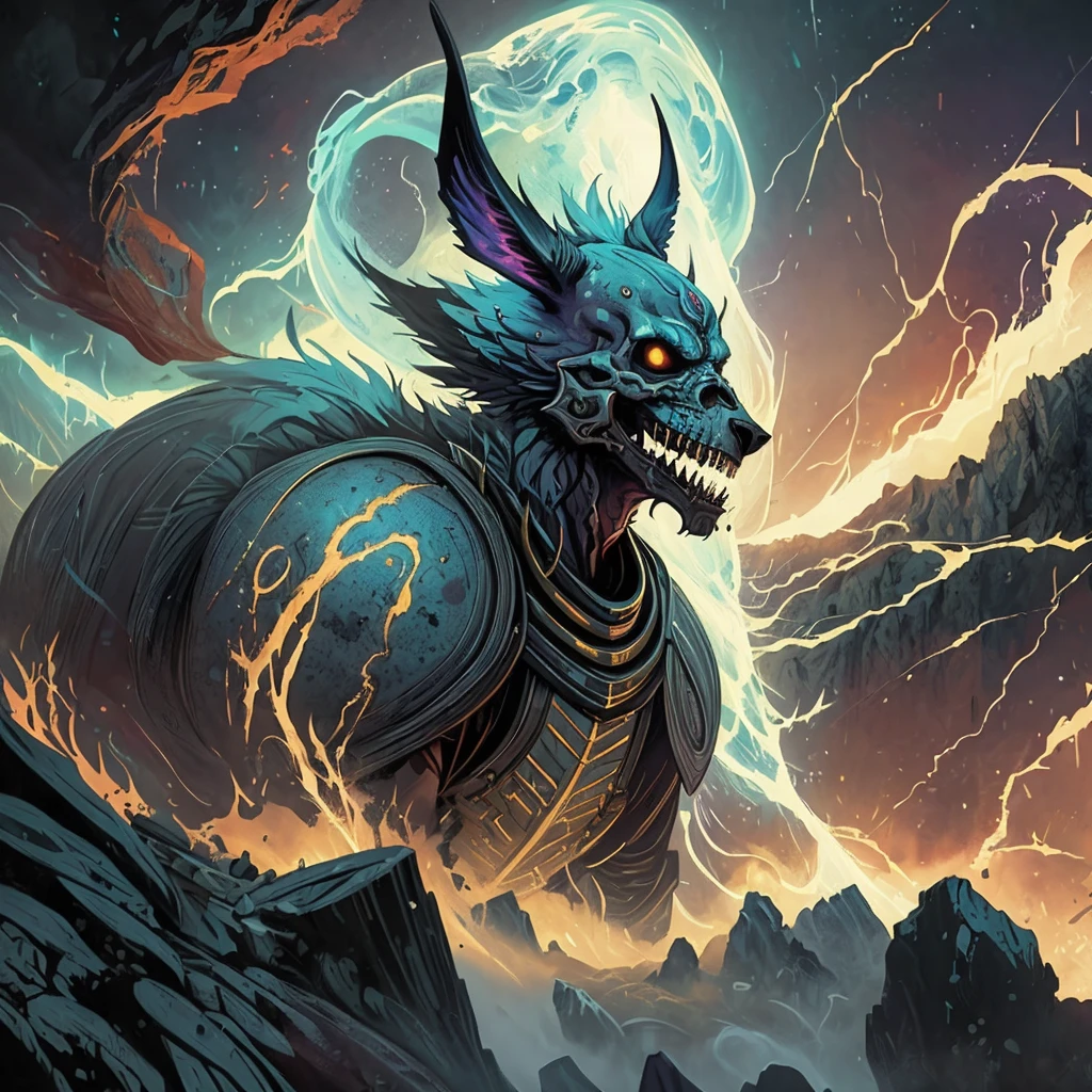 Imagen de la muerte de un hombre con una capa parado sobre una roca., pintura digital de rayos divinos, a sinister fantasy illustration, epic fantasy sci fi illustration, Arte digital 4k muy detallado, Abstract hidden epic composition, epic surrealism 8k oil painting, dreamy digital painting, Surreal mystical atmosphere, Foto del fantasma de Anubis, fantasy digital painting