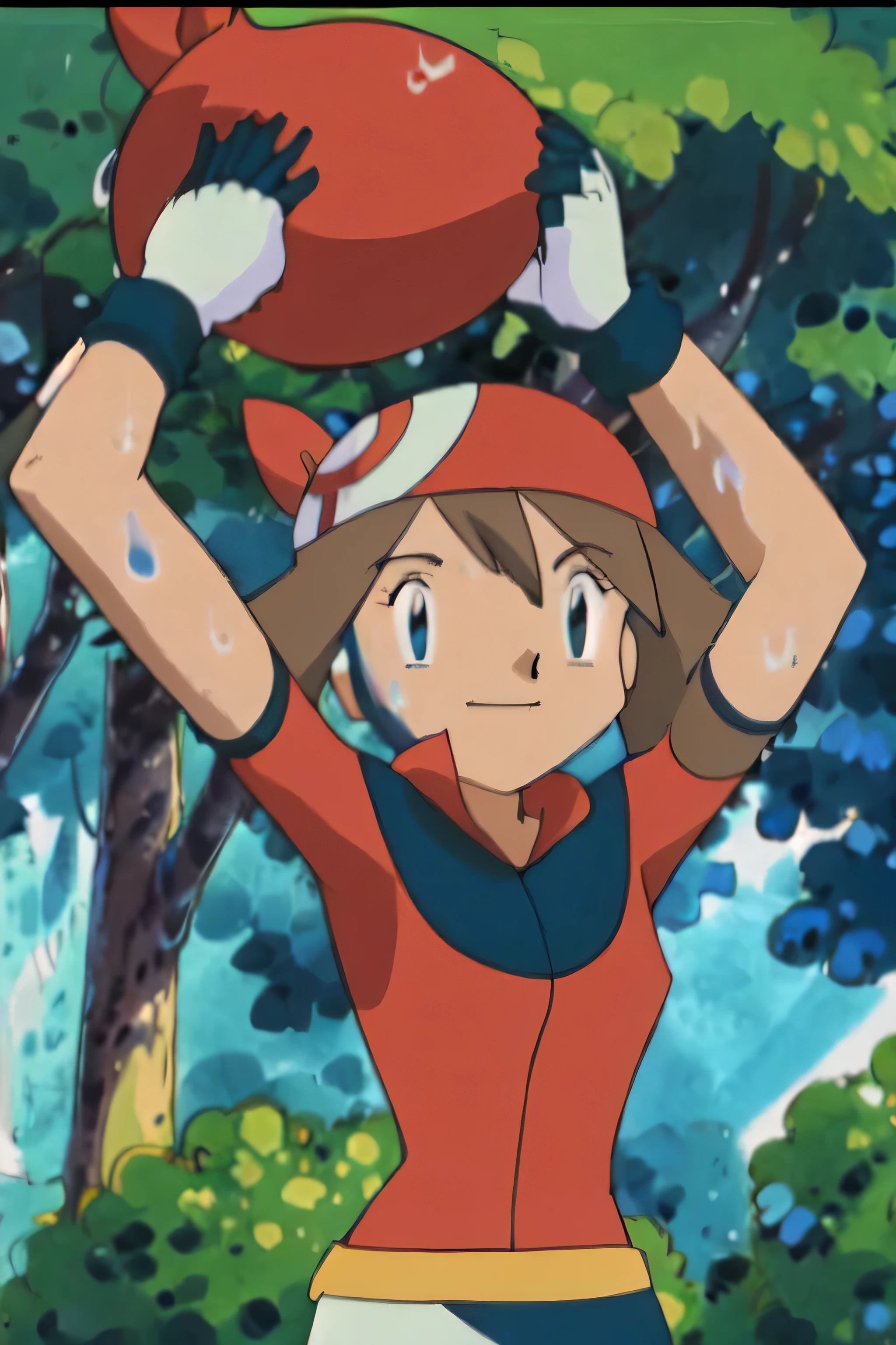 May, sleeveless,red top,sweating,smiling,forest in background, village, blue sky, high quality, masterpiece mature appearance,armpits,sweat,sweaty,sweaty armpits,arms up,showing armpits,awesome armpits,outfit,blackish red arm warmers,maroon arm bands, maroon arm warmers,both arms raised