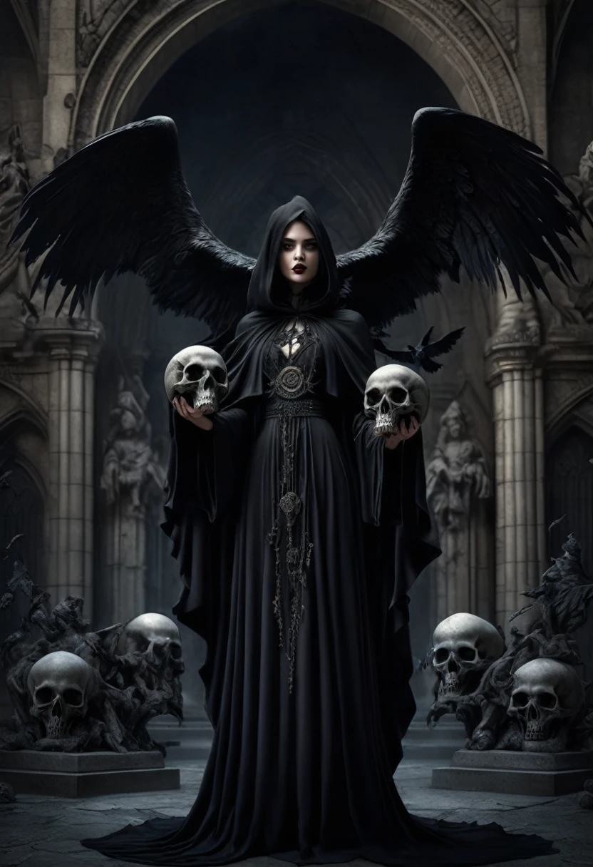 {A hyper realistic photograph of a beautiful girl with fangs and black wings, dressed in a scary cloak, floating in mid-air and facing forward, holding two human skulls in each hand, with a gothic, ancient building adorned with the inscription "VOLK CIRCLE" and statues of mythological creatures, similar to those in Dracula films as the backdrop, the setting is dark and foreboding, with shadows cast by the moonlight, high resolution, 8K, detailed, close-up shot, 50mm lens, highly detailed, HDR, soft ambient light, monochromatic tones}
