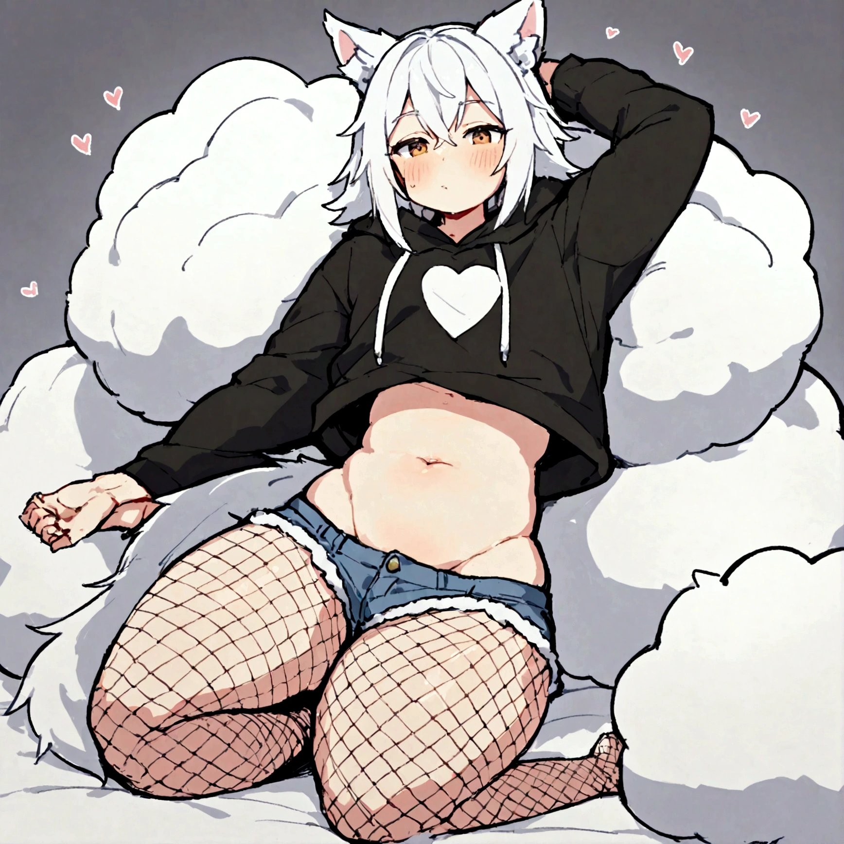 a cute adult male with wolf ears, white hair, has a wolf tail, wearing a loose cropped oversized black hoodie, wearing a pair of denim short shorts and fishnet stockings, thick thighs, wide hips, relaxing on mound of fluffy plushies, short, very slim, showing slender tummy, stretching out, heart on hoodie, squishy thighs